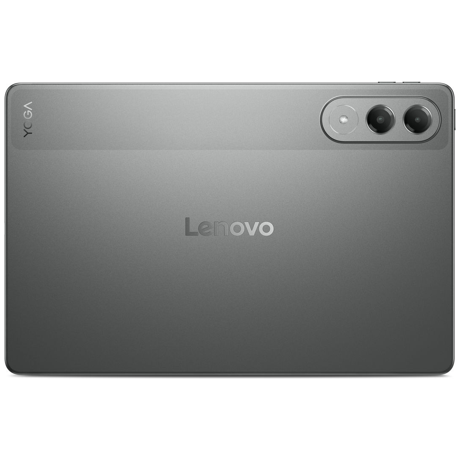 A gray Lenovo Yoga tablet, back view. Features the Lenovo logo, Yoga text, and three camera lenses.