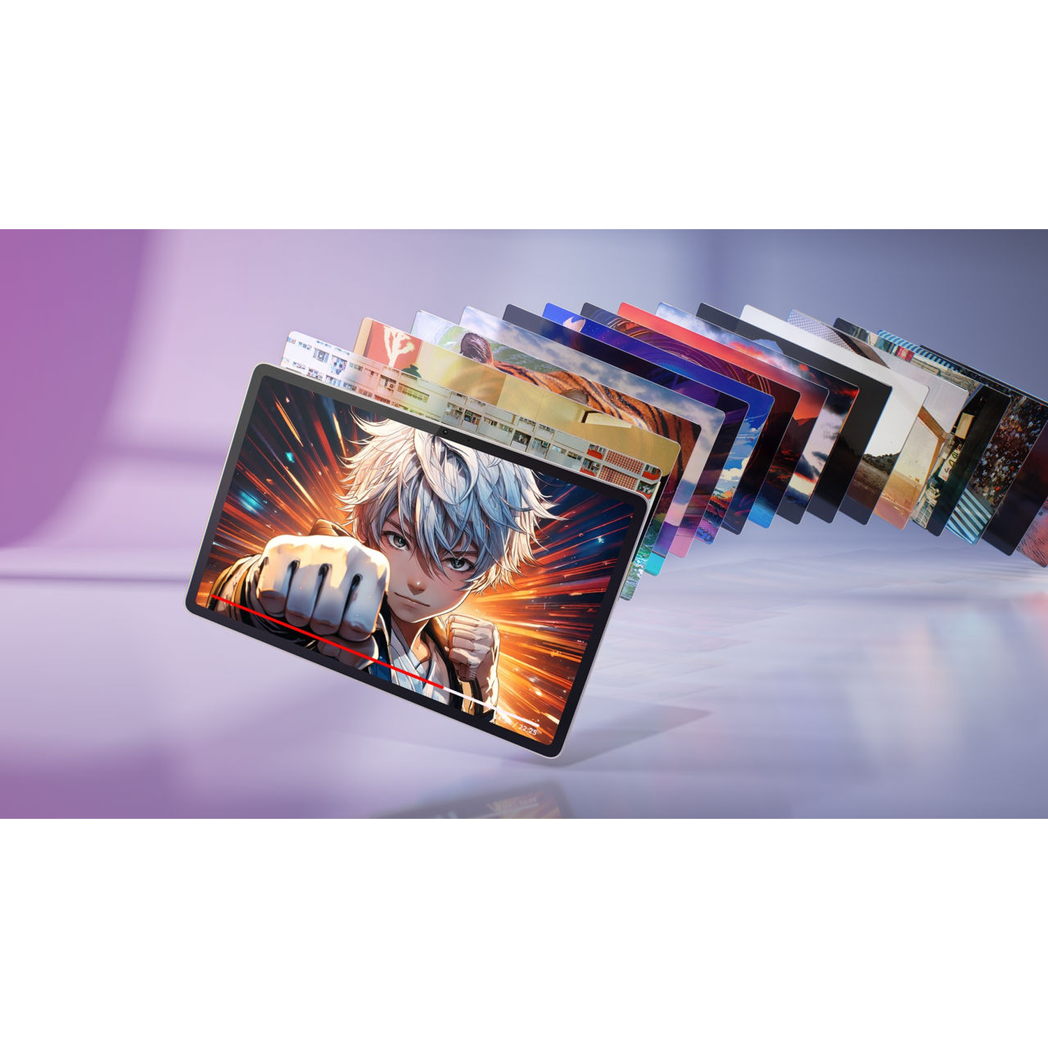 Tablet displaying anime art. A stack of images curves behind it. The main screen shows a boy with white hair.