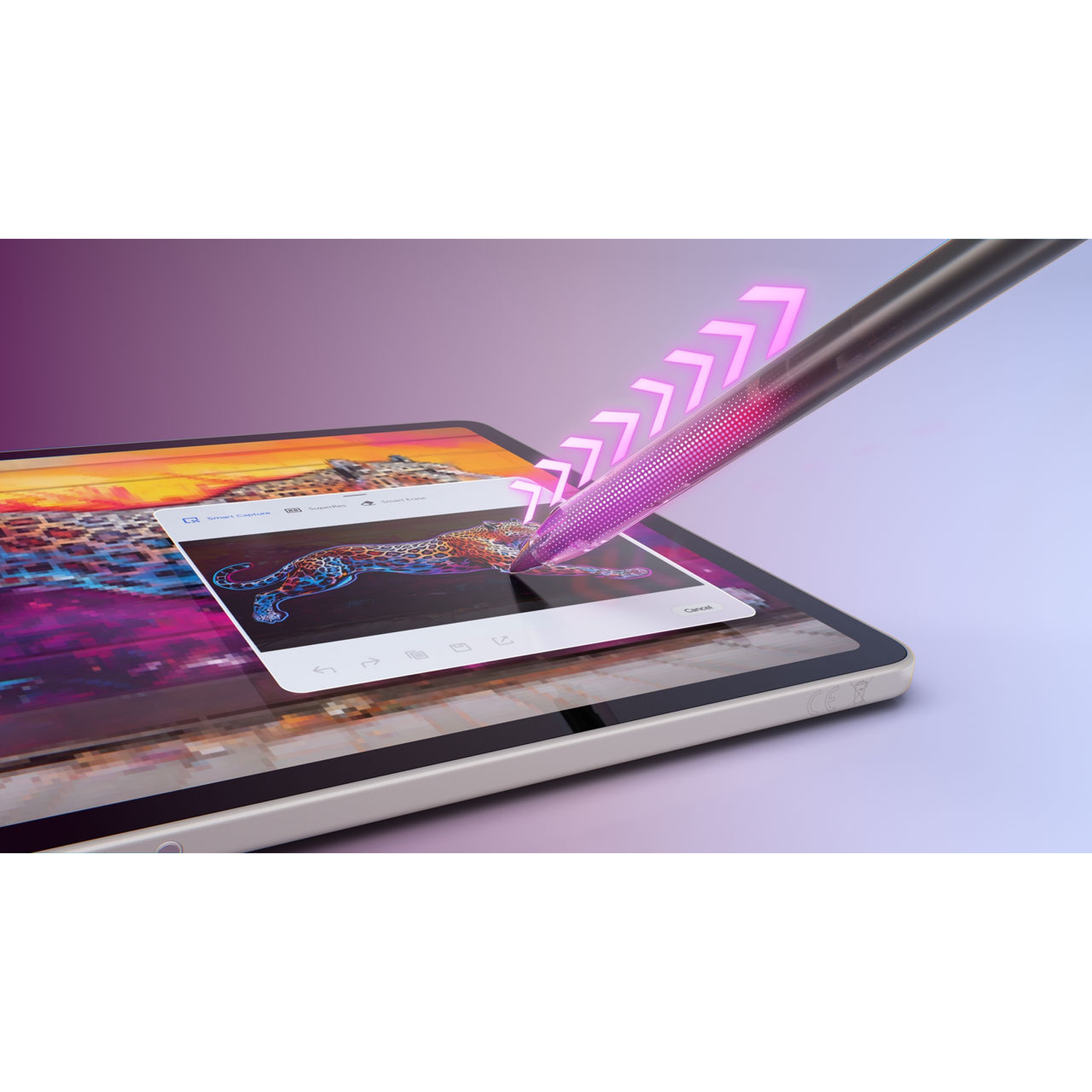 Tablet displaying a leopard image, with a stylus pointing at it. Arrows highlight the stylus path. Soft purple background.
