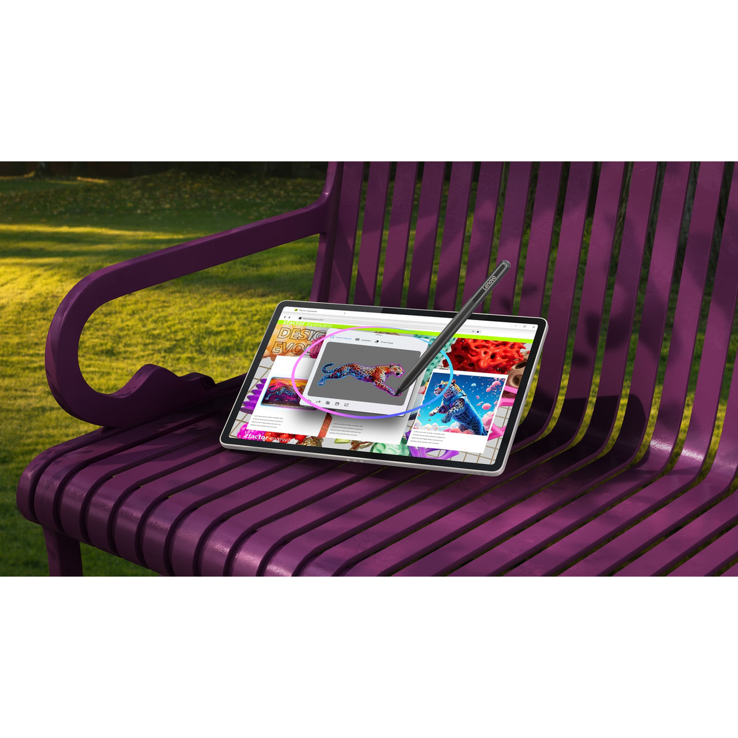 Tablet with stylus on a purple bench. The screen displays a website with colorful images. Background is a green lawn.