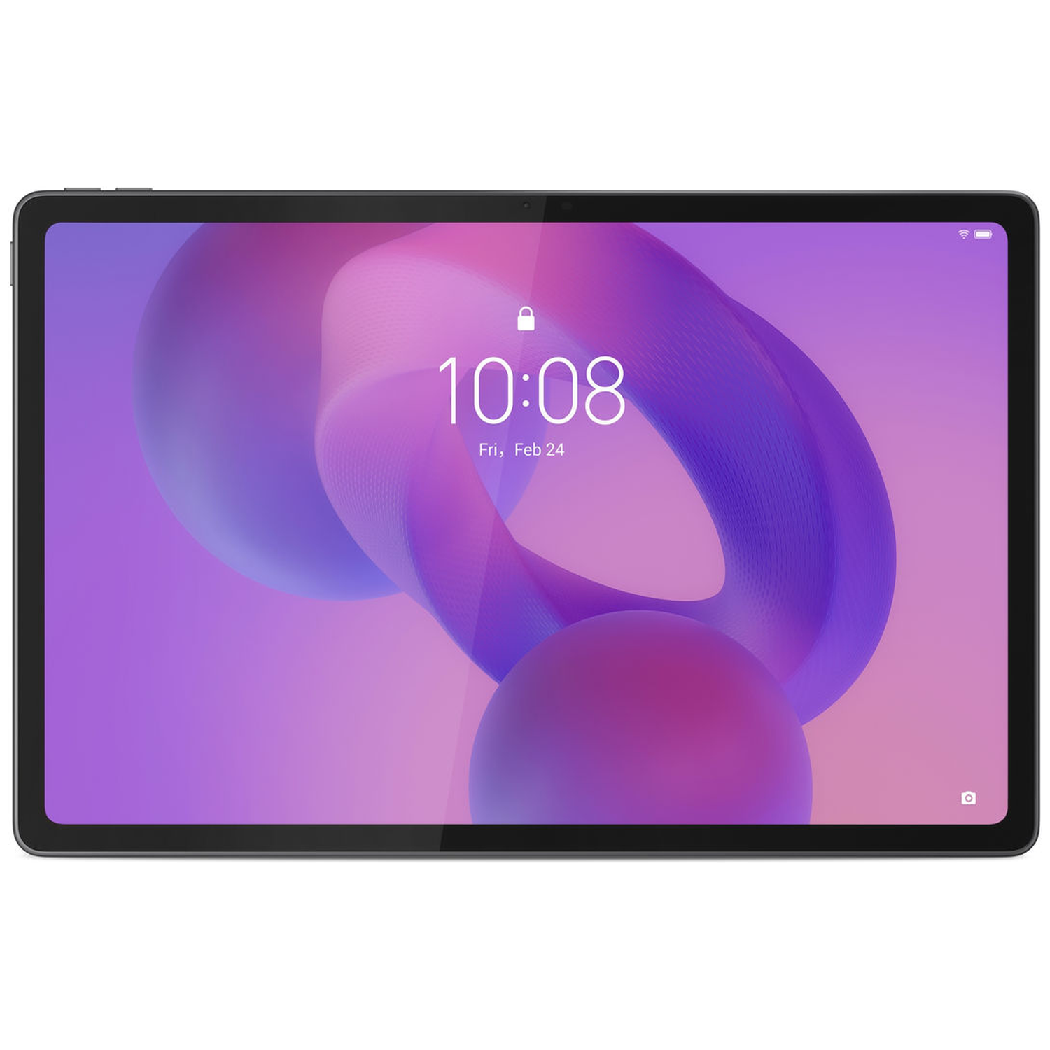 Tablet showing 10:08, Feb 24 on screen. Purple and pink abstract shapes on the display. Black frame around the screen.