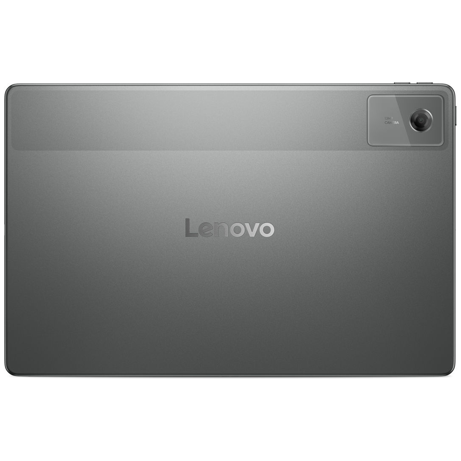 The back of a grey Lenovo tablet is shown. A camera is visible in the upper right corner. The Lenovo logo is at the center.
