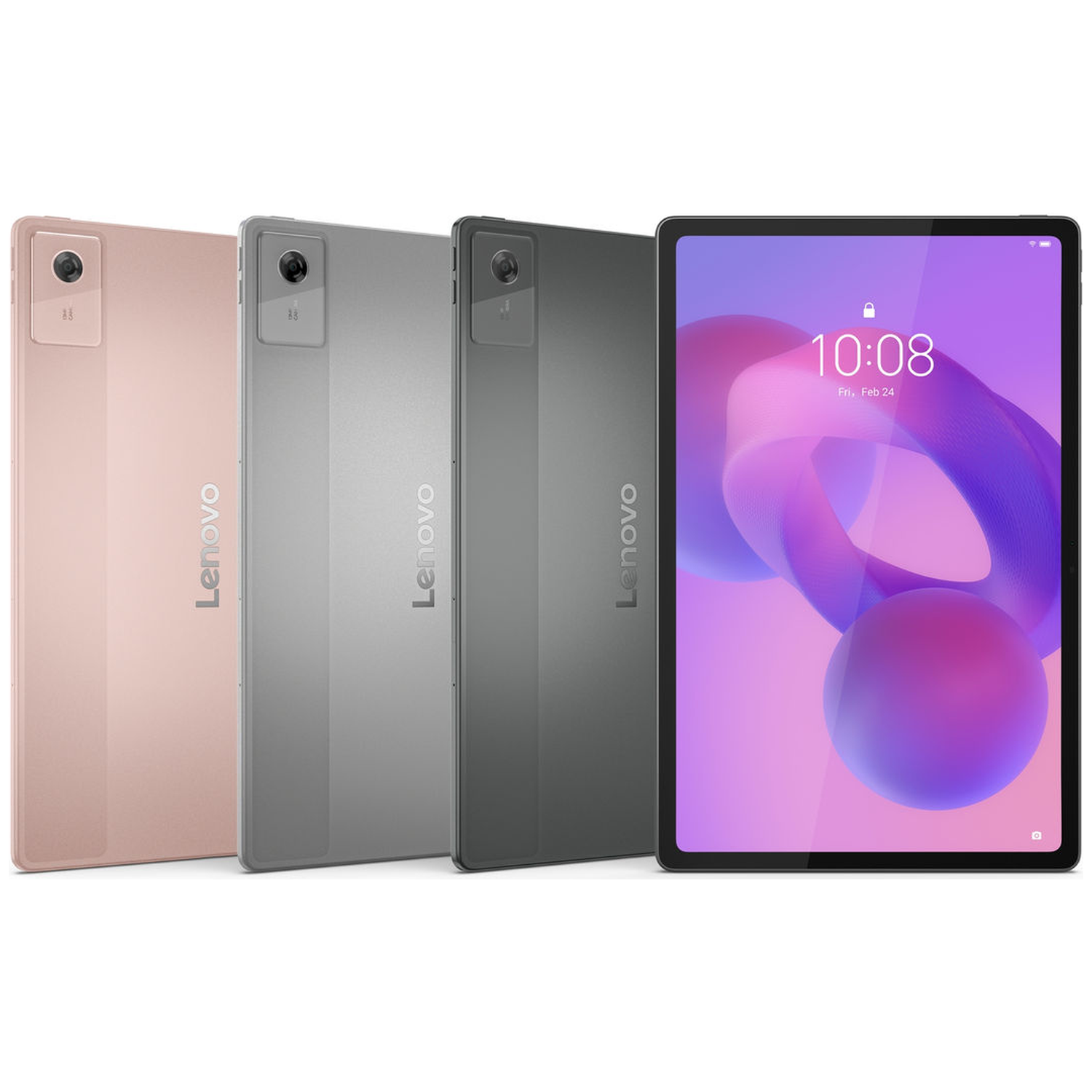 Four Lenovo tablets in various colors: pink, silver, gray, and black. The black tablet displays a screen with the time.