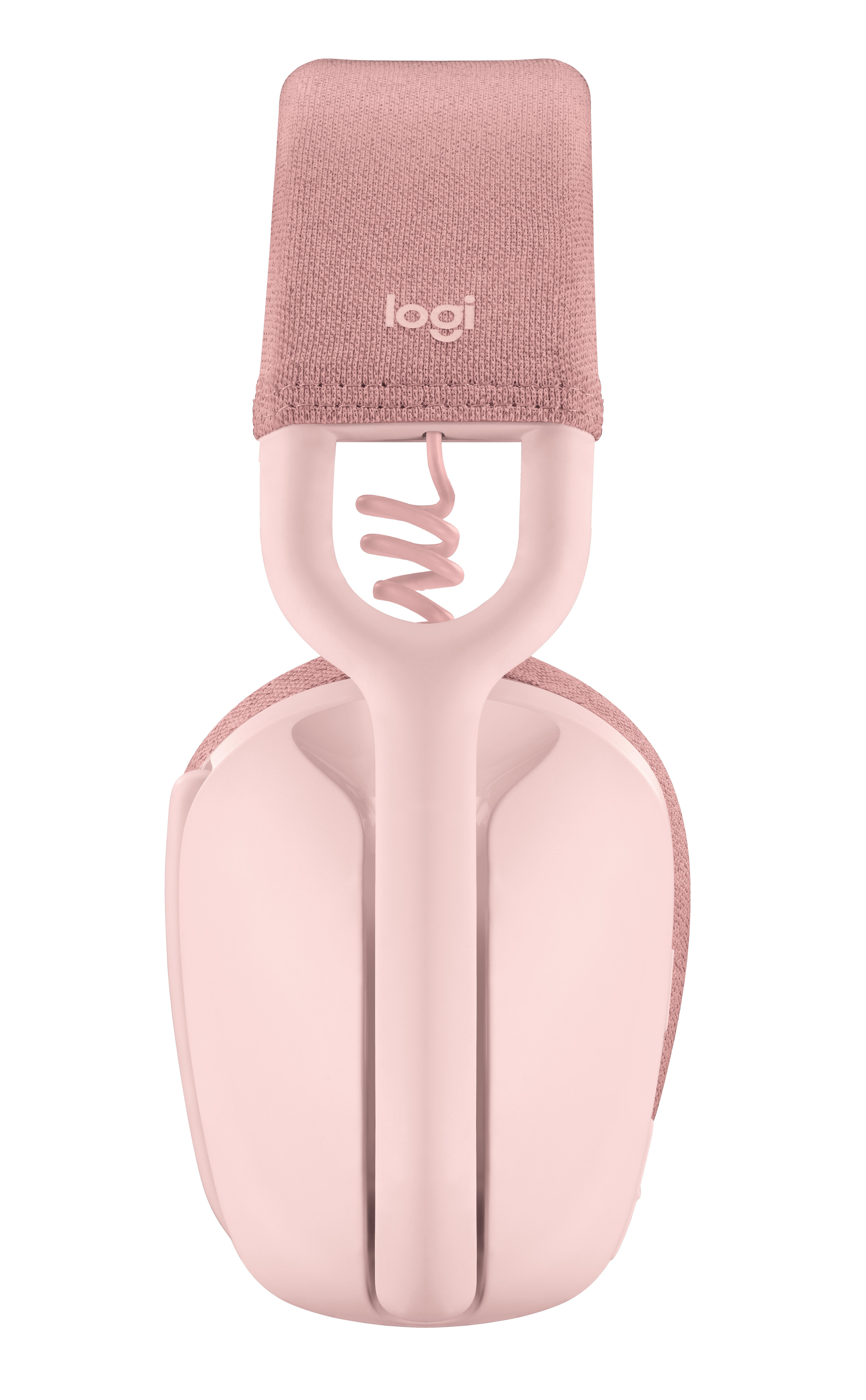 Rosa Logitech-Kopfhörer. Auf dem oberen Band steht 'logi'. Die Ohrmuscheln und der Rahmen sind ebenfalls rosa.