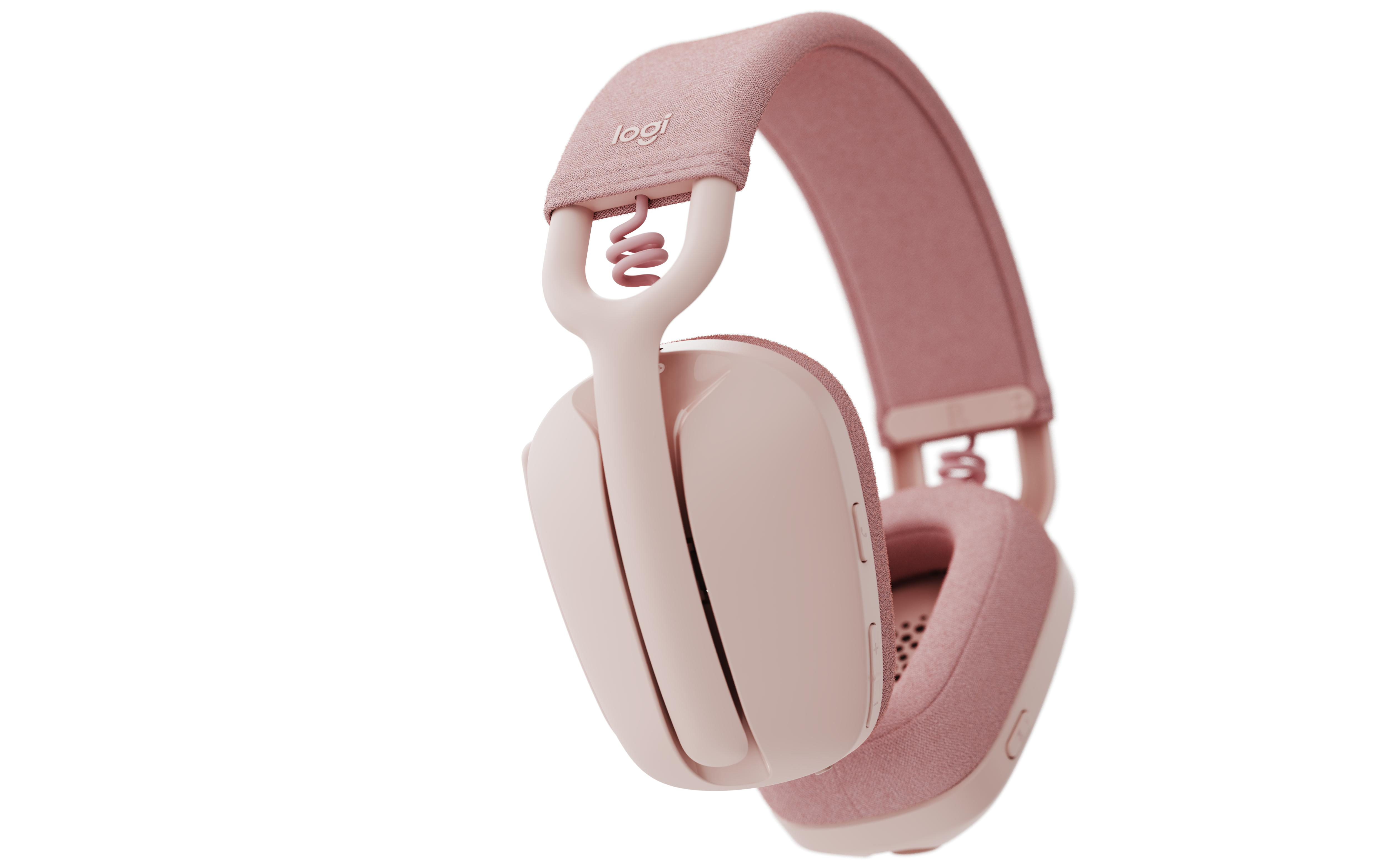 Rosa Logitech-Kopfhörer. Die Kopfhörer sind auf weißem Hintergrund. Das Logo ist sichtbar.