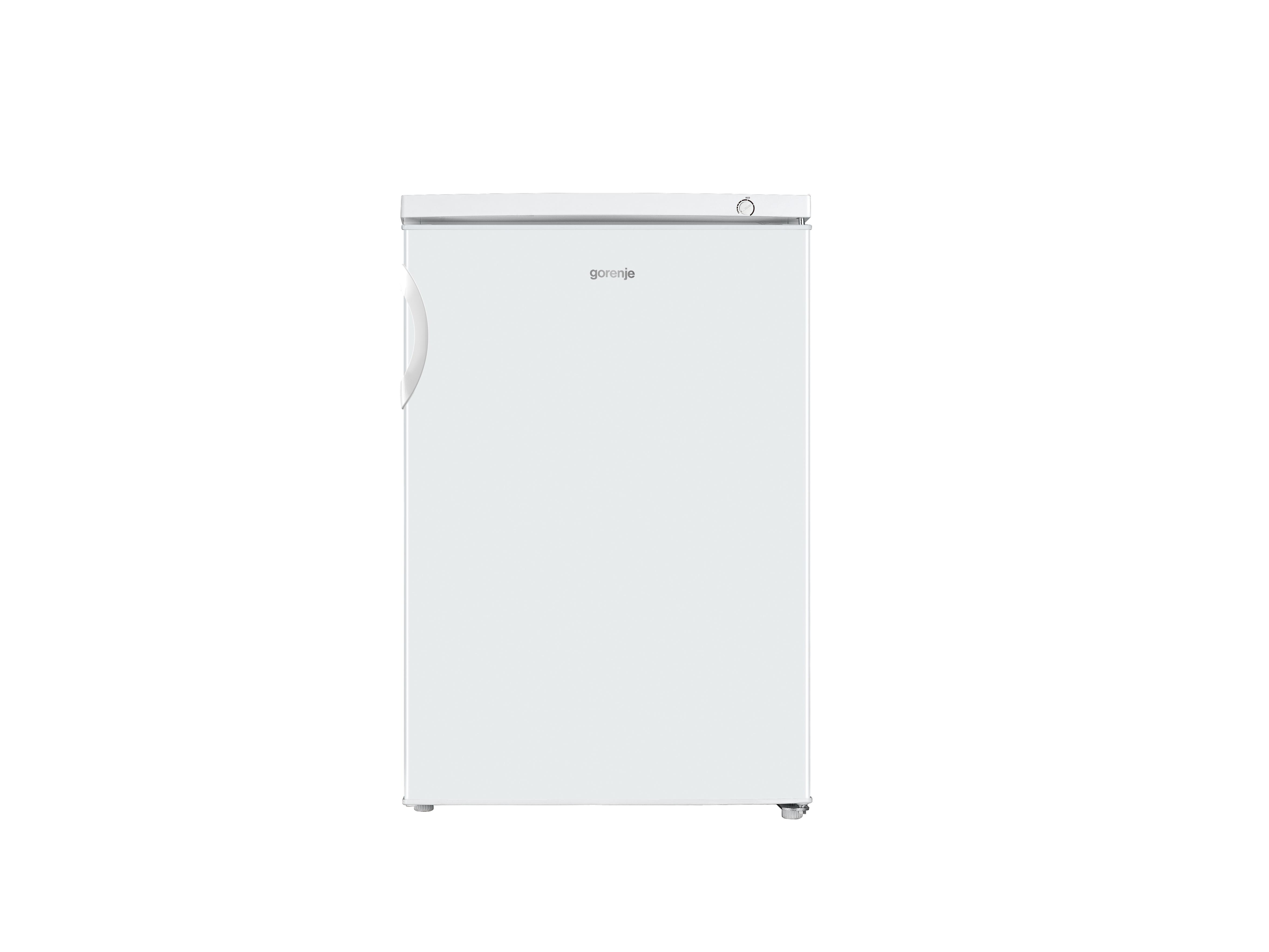 Ein weißer Gorenje-Kühlschrank steht vor weißem Hintergrund. Er hat einen Griff und den Markennamen.