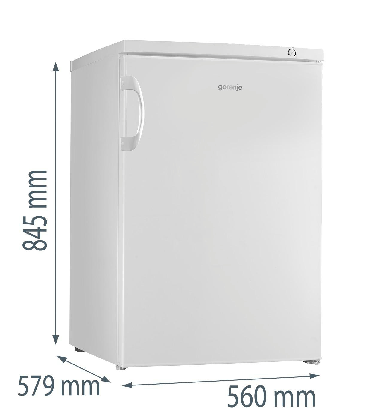 Ein weißer Gorenje-Kühlschrank mit den Maßen: 845 mm Höhe, 579 mm Breite und 560 mm Tiefe. Ein Griff und ein Logo sind sichtbar.