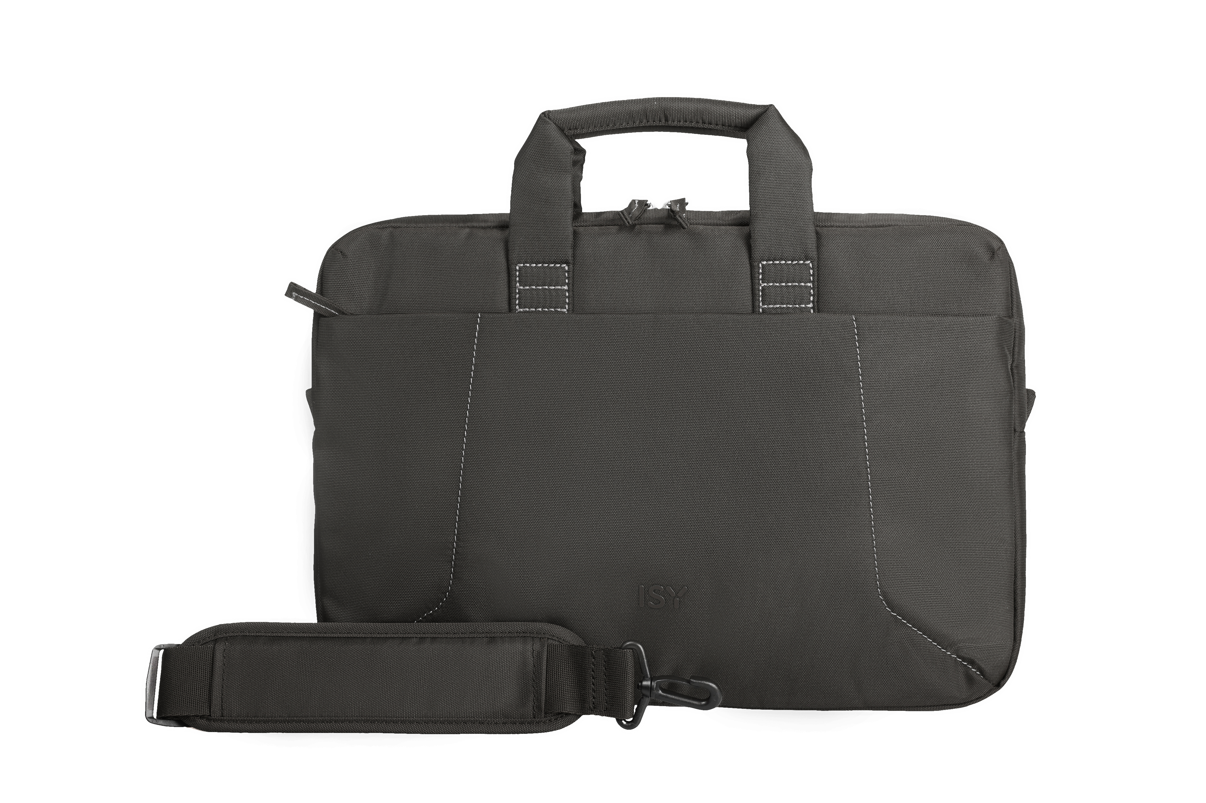 Ciemnoszara torba na laptopa ISY z uchwytem, paskiem na ramię i białymi szwami na białym tle.