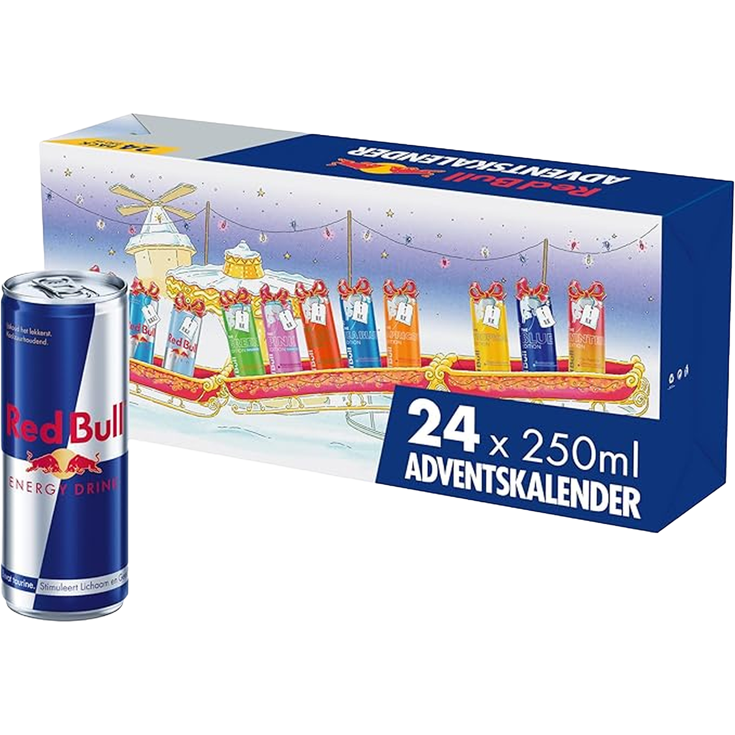 Red Bull adventskalender met een blikje ervoor. De doos heeft een winterscène, slee met kleine blikjes en tekst.