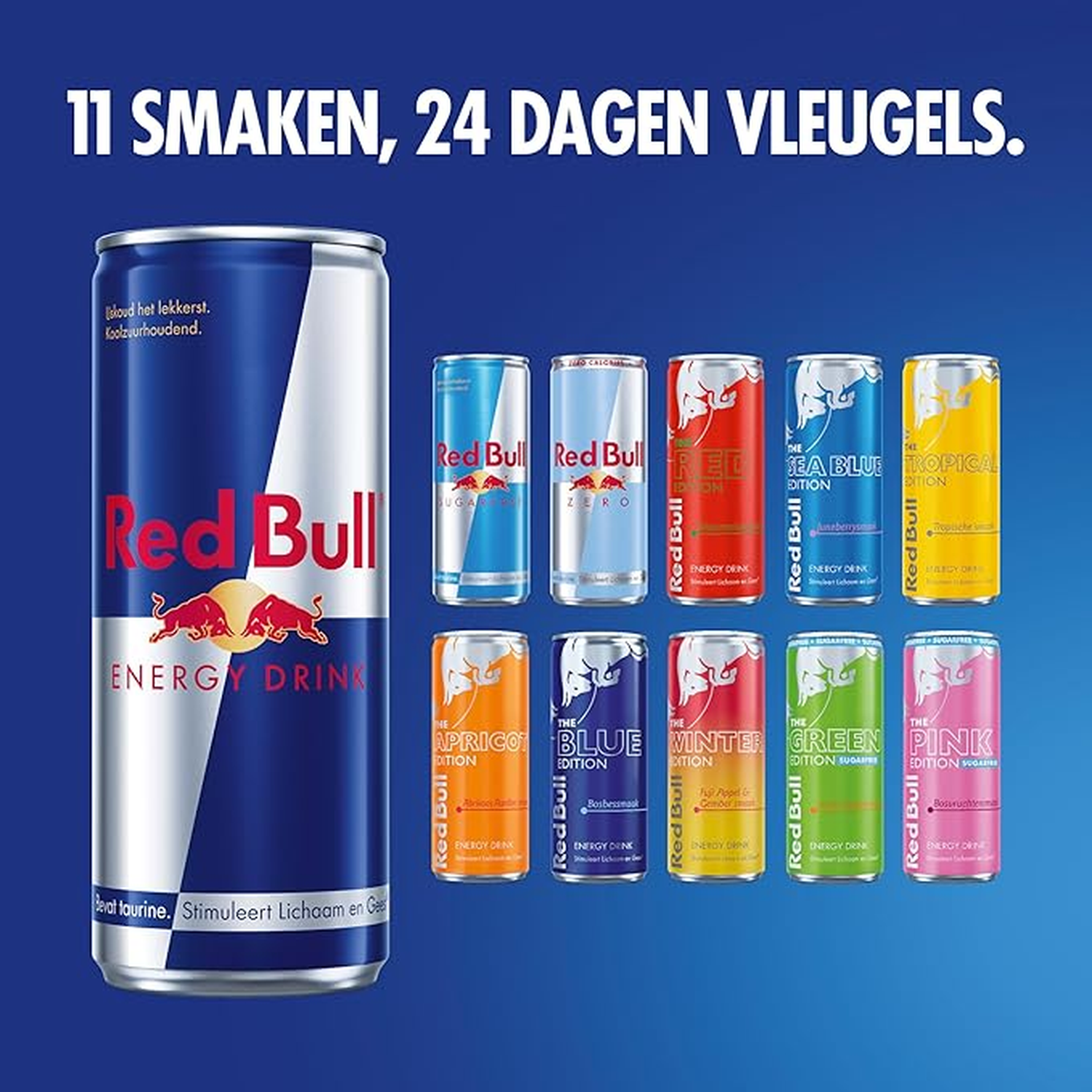 Afbeelding toont Red Bull-blikjes van verschillende smaken. Eén groot blik links, andere kleinere blikjes op de achtergrond.