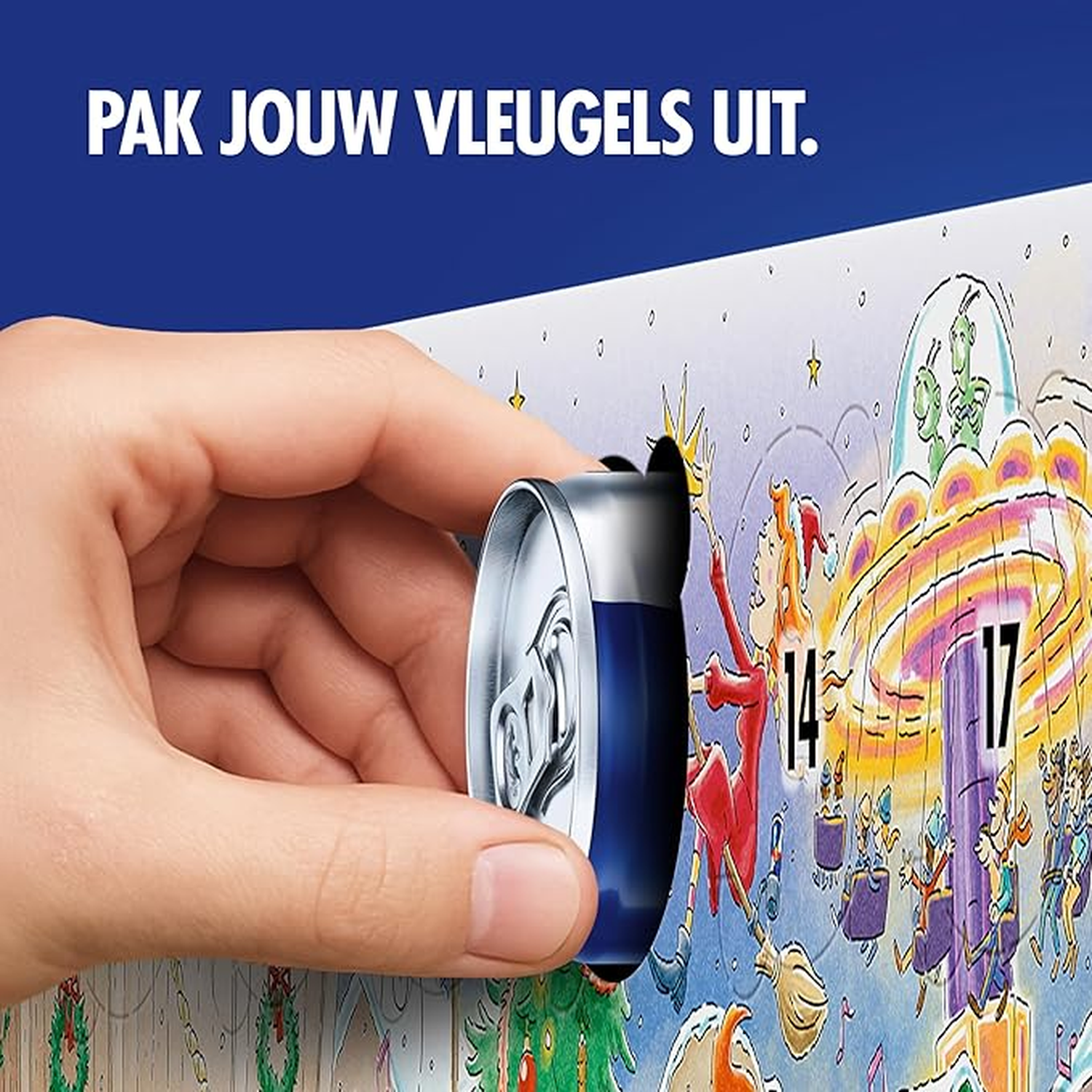 Een hand houdt een blikje tegen een adventskalender. Het bevat stripfiguren en de nummers 14 en 17. De tekst 'PAK JOUW VLEUGELS UIT' staat bovenaan.