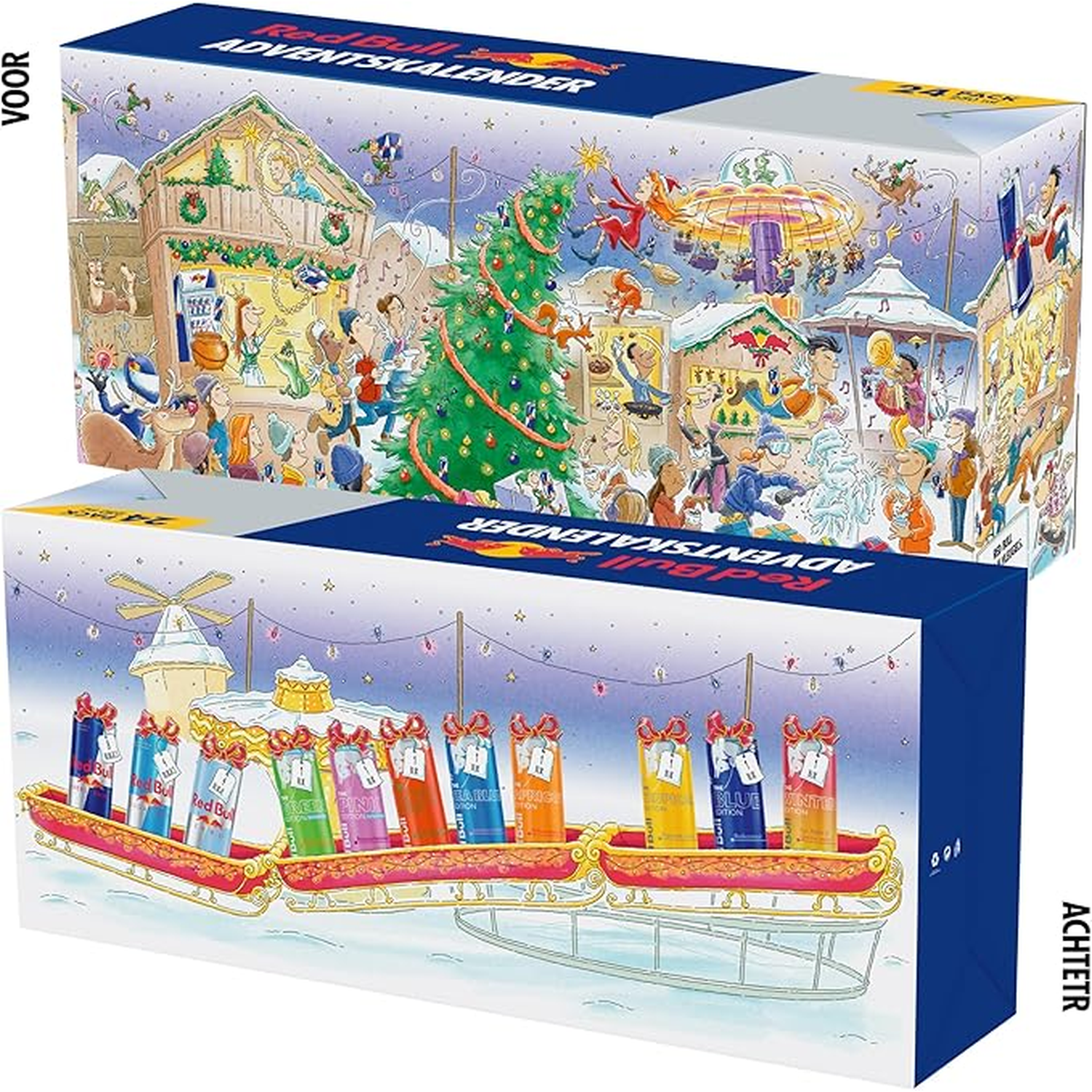 Red Bull adventskalenderbox, kerstmarktscène met reuzenrad, kerstboom en Red Bull blikjes op een slee.