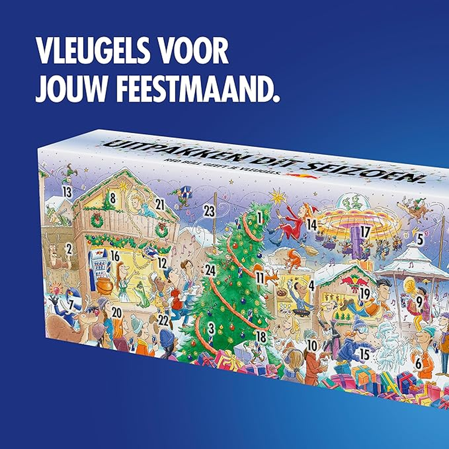 Adventskalender illustratie met een kerstboom, mensen, cadeaus en genummerde ramen op een besneeuwde achtergrond.