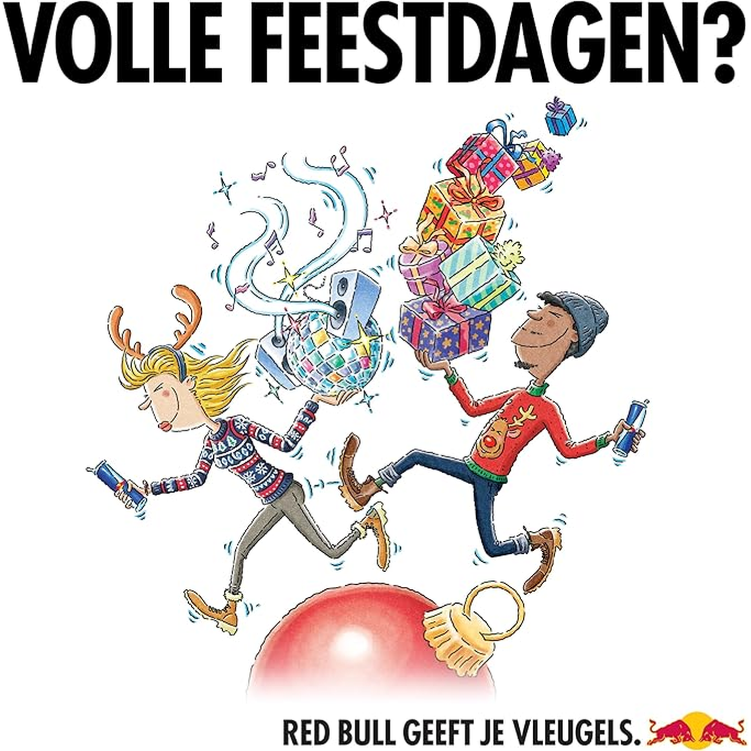 Cartoon van twee mensen die feestdagen vieren met cadeaus en muziek, met Red Bull. Tekst: 'Volle Feestdagen?' en 'Red Bull geeft je vleugels'.