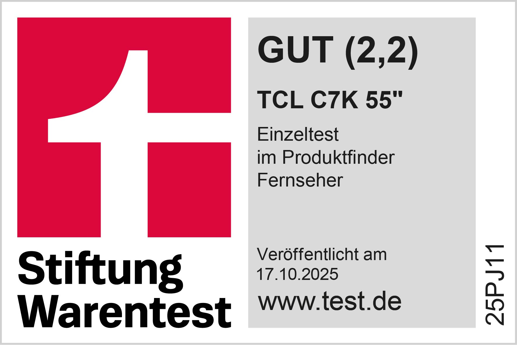 Das Bild zeigt ein rot-weißes Logo mit den Worten Stiftung Warentest und Details zu einem Fernseher mit der Note GUT (2,2).