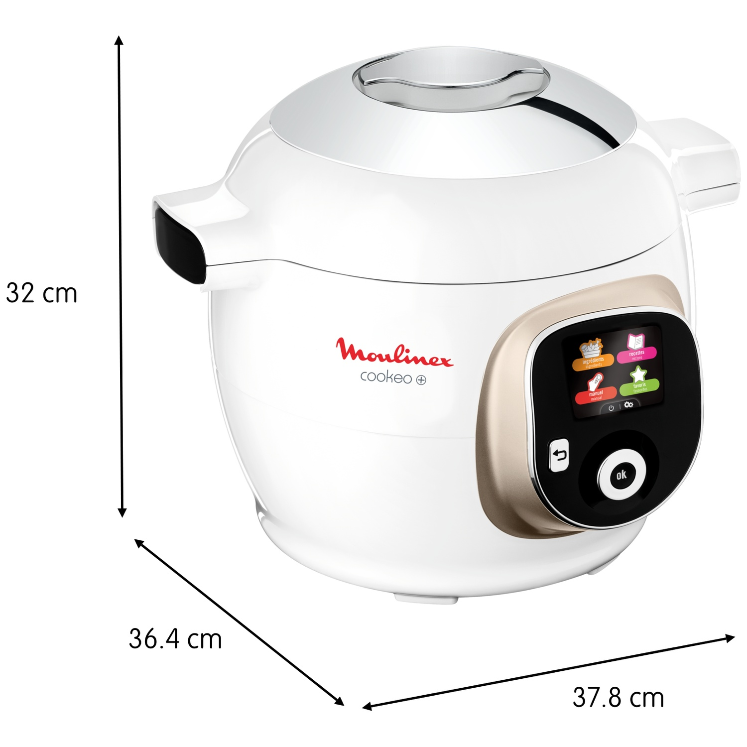 A white and gold Moulinex Cookeo appliance with a digital display. Dimensions are indicated: 32 cm height, 36.4 cm width, 37.8 cm length.