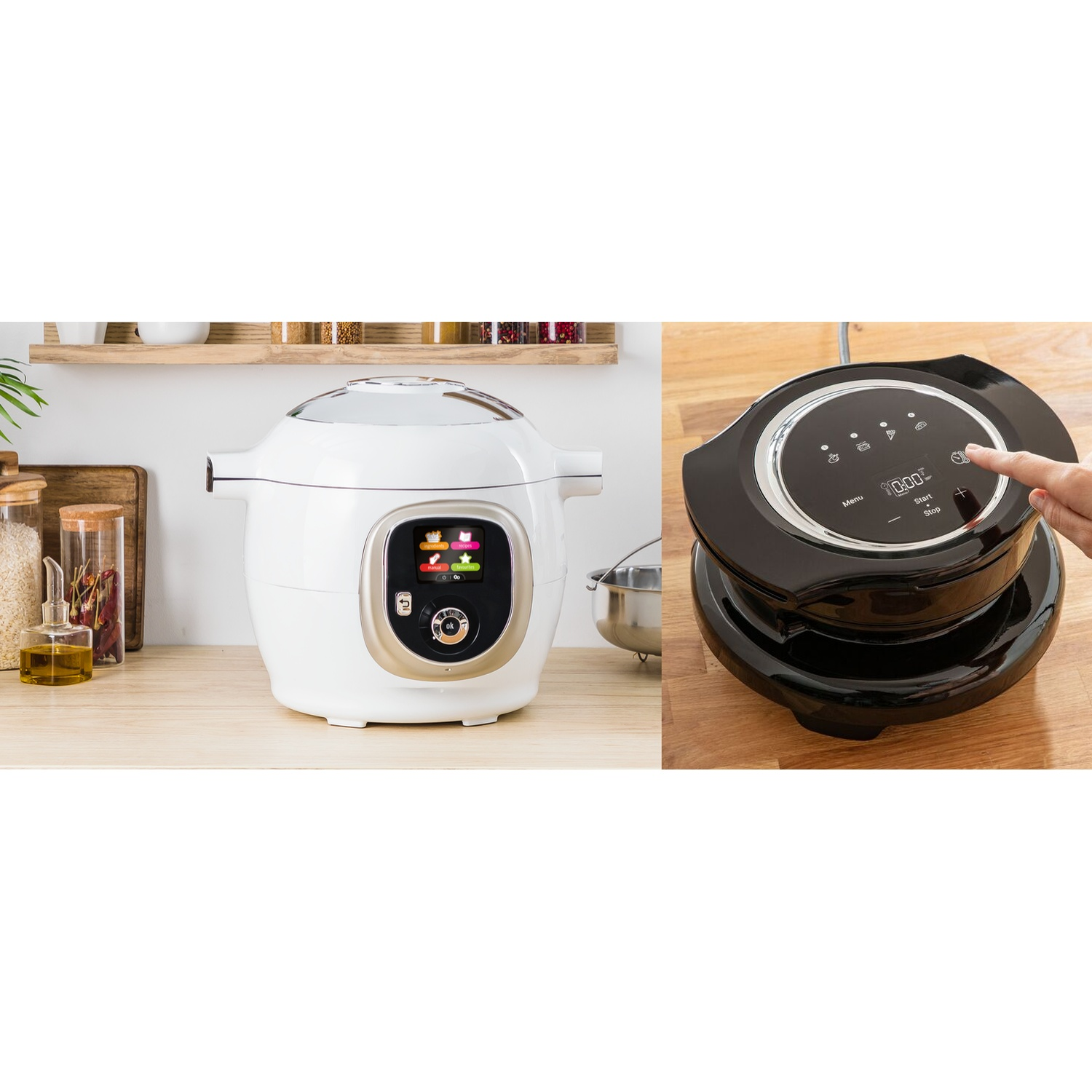 Two kitchen appliances. One white, one black. Right hand is touching the black appliance. Background has jars and spices.