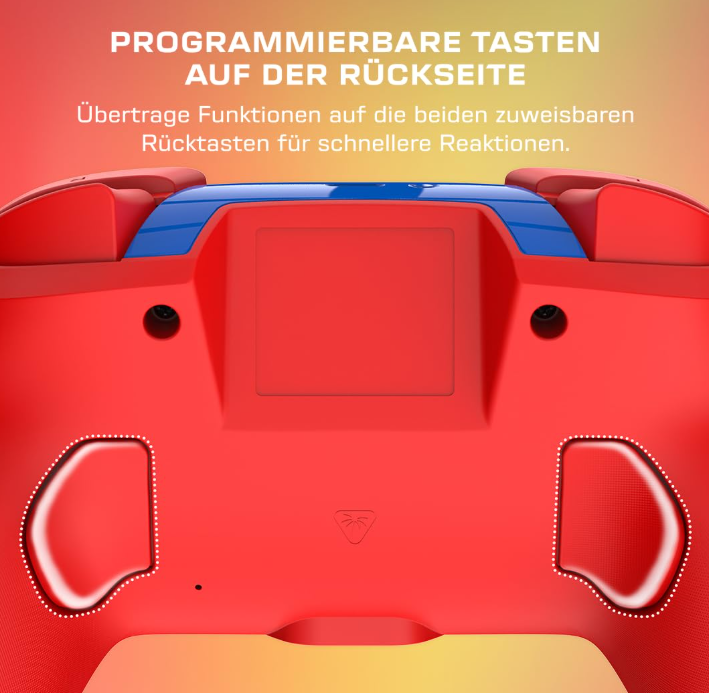 Roter Gamecontroller-Rücken mit blauen und roten Akzenten. Mit programmierbaren Tasten. Text: Programmierbare Tasten auf der Rückseite.