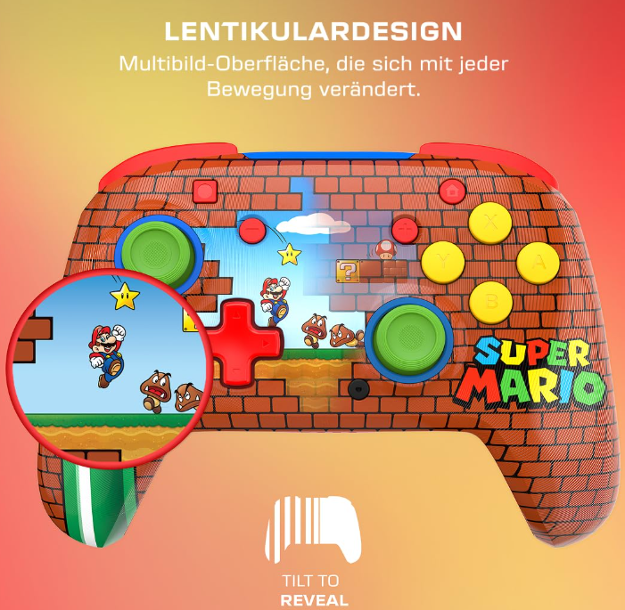 Ein Spielcontroller im Super Mario-Design. Es zeigt Mario-Charaktere und ein Ziegeldesign. Enthält Knöpfe und einen kreisförmigen Einsatz mit einer Mario-Szene.