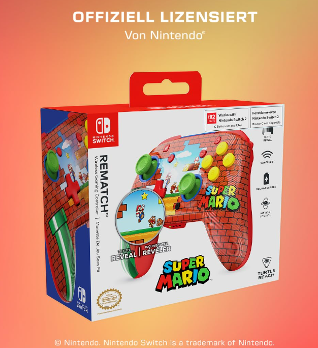Verpackter Nintendo Switch Controller. Mit Super Mario Design. Die Box hat einen Griff und Spieldetails. Rote, grüne, gelbe und braune Farben.