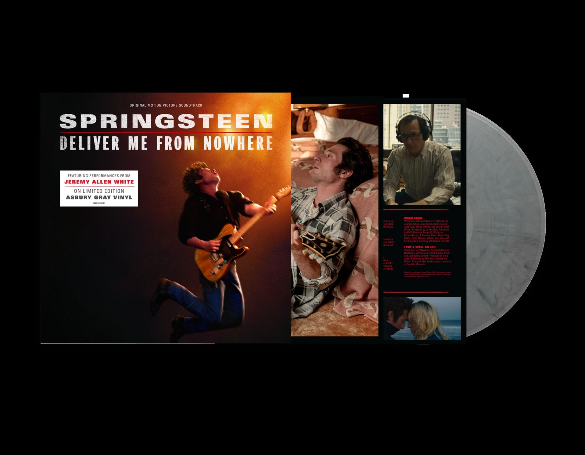 Albumcover: Springsteen, Deliver Me From Nowhere. Beinhaltet Jeremy Allen White. Enthält verschiedene Bilder und eine graue Schallplatte.