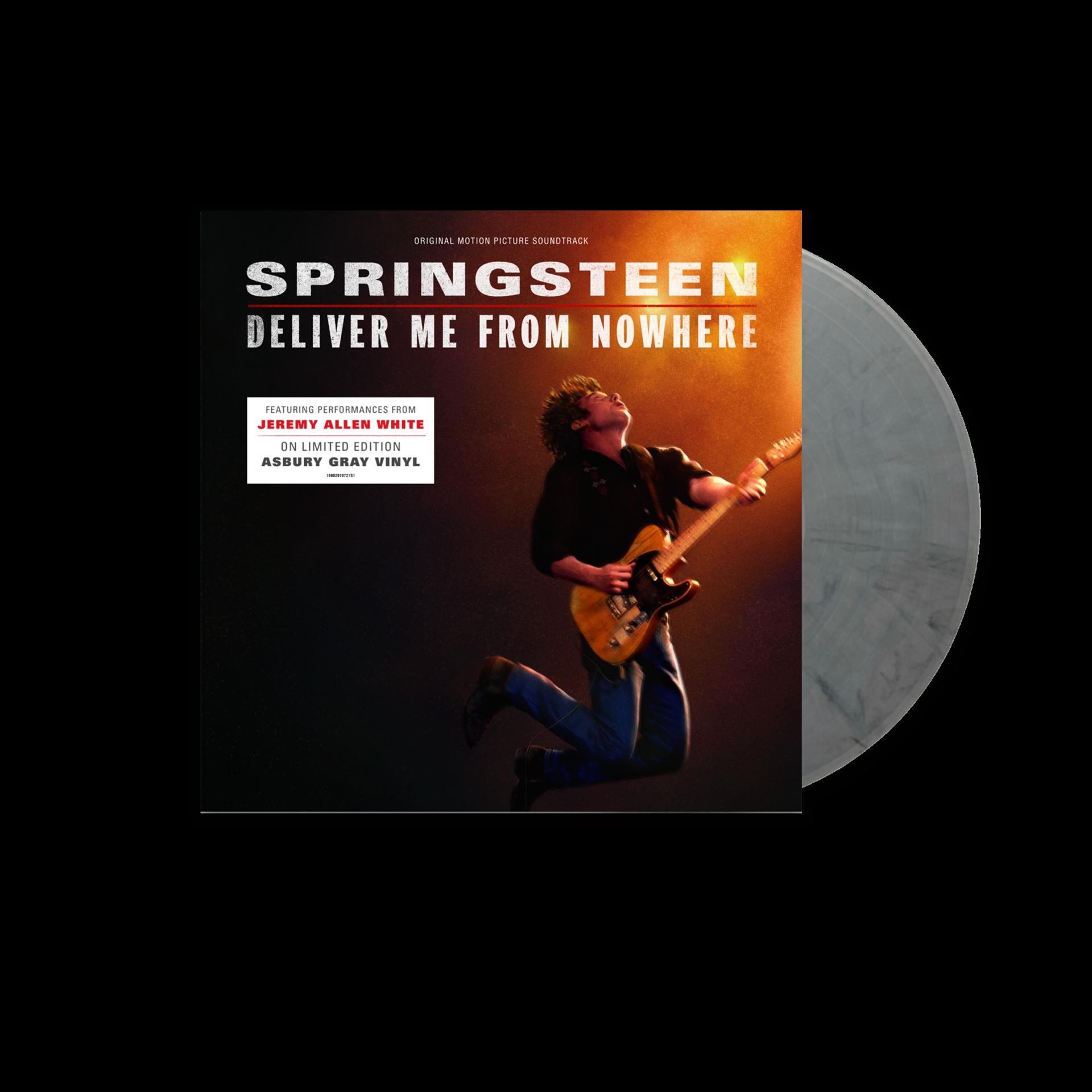 Albumcover: Springsteen, Gitarre, springt. Titel: Deliver Me From Nowhere. Inklusive Vinylplatte.