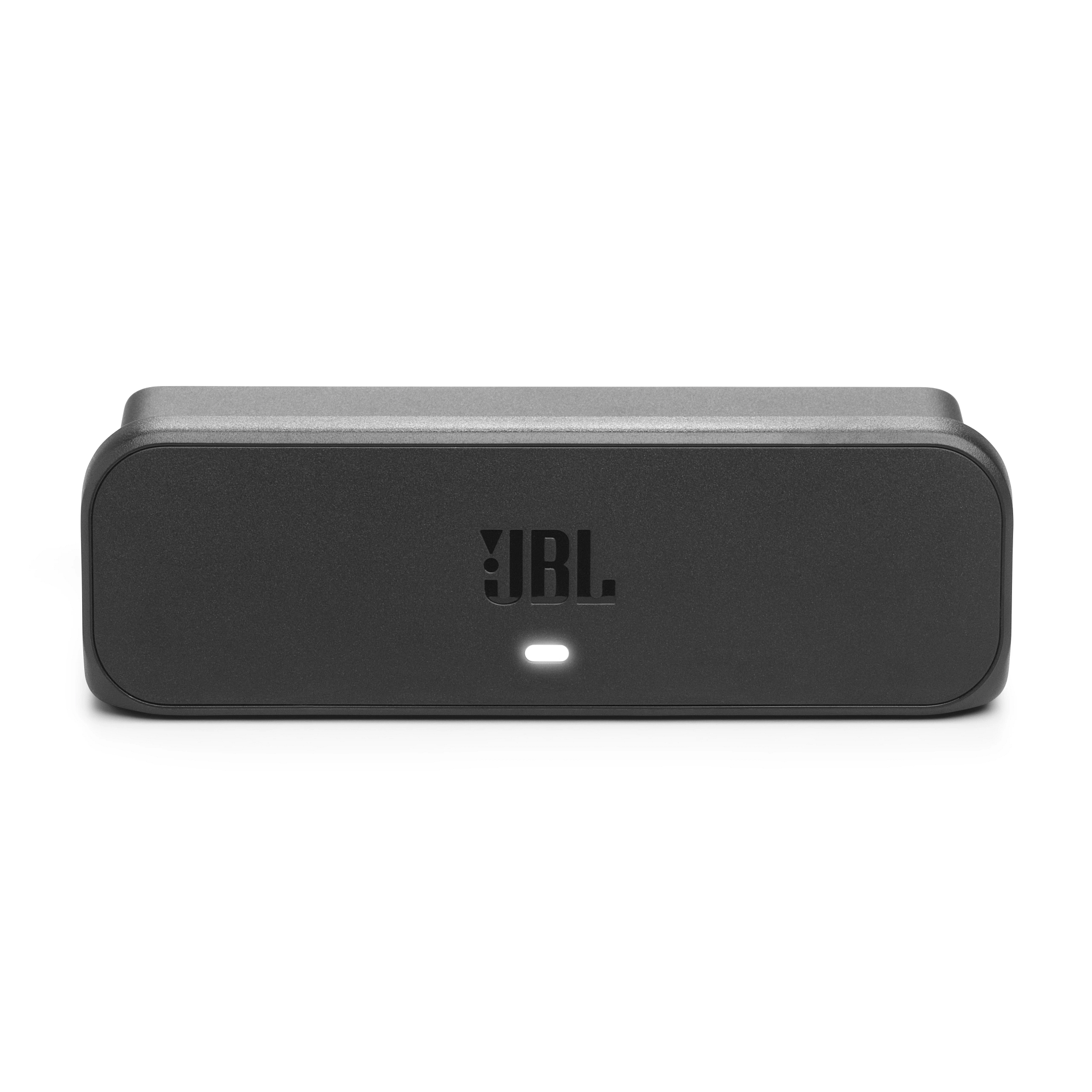 Schwarze JBL-Soundbar auf weißer Oberfläche. JBL-Logo sichtbar, kleines weißes Licht an.