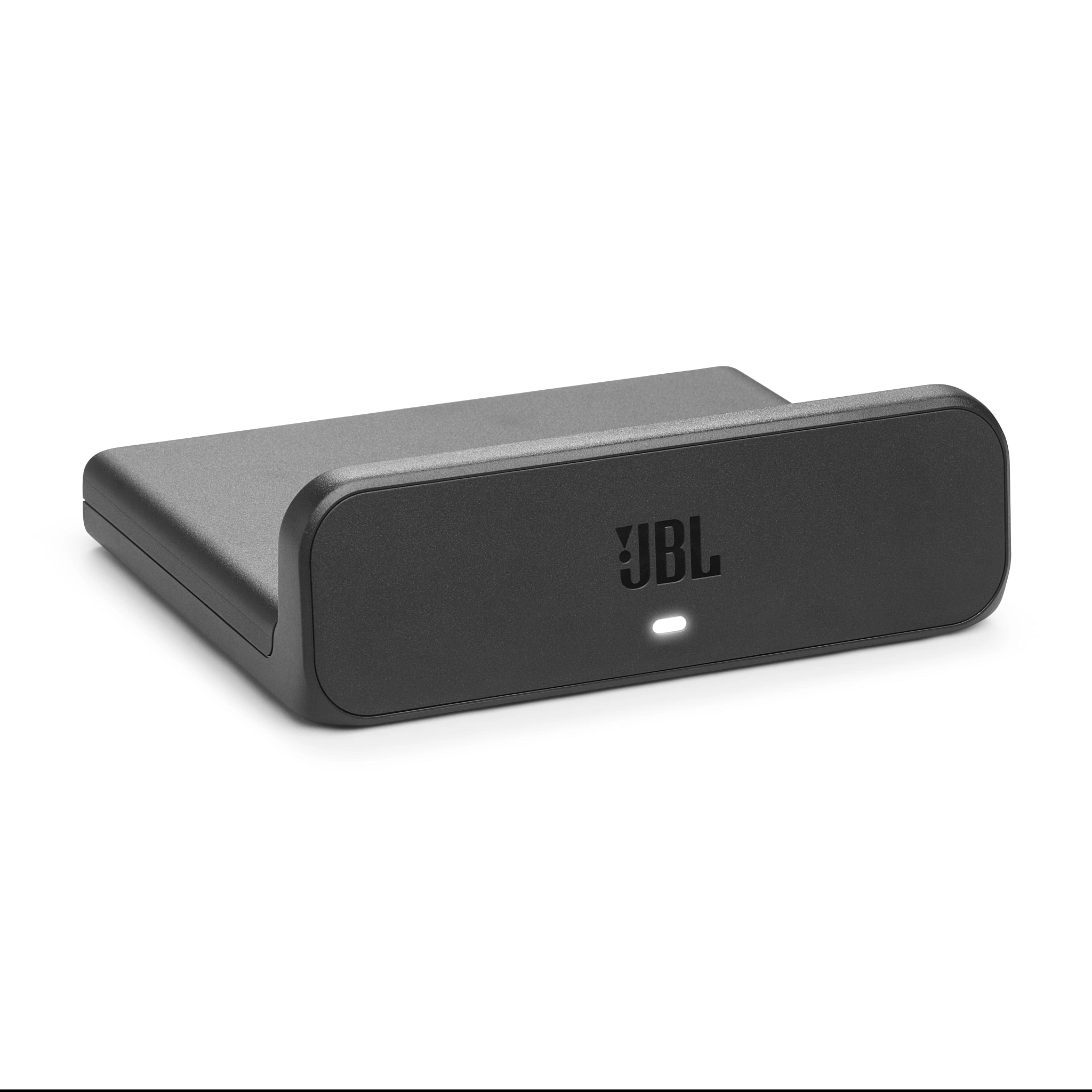 Eine schwarze JBL-Ladestation auf weißem Hintergrund. Es hat das JBL-Logo und eine Lichtanzeige.