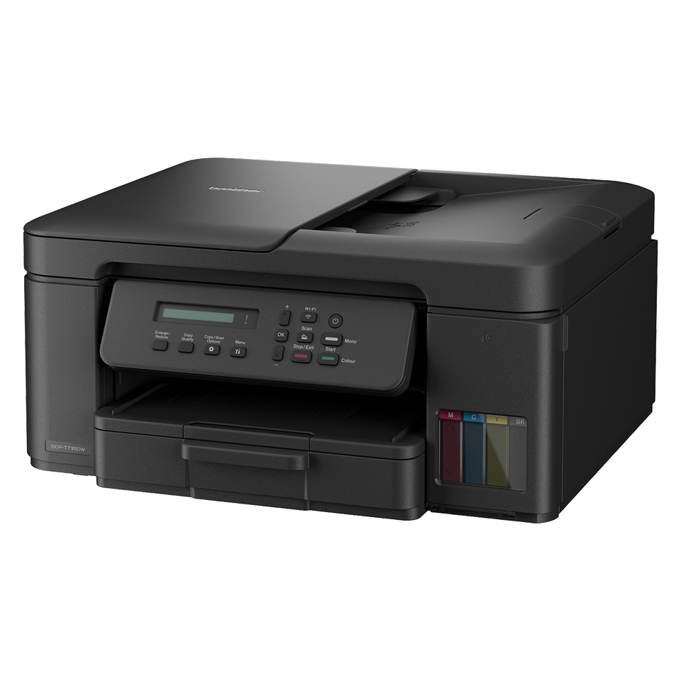 Egy fekete Brother DCP-1735DW nyomtató. Van egy kezelőpanel gombokkal és egy kis kijelzővel. Tintapatronok a jobb oldalon.