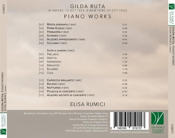 CD-Cover. Titel: Gilda Ruta: Piano Works. Komponist: Elisa Rumici. Enthält Trackliste, Credits und Barcode.