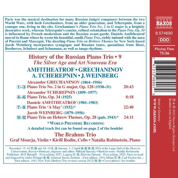 Text auf einem CD-Cover über russische Klaviertrios, mit Namen und Zeiten. Das Cover hat ein Naxos-Logo.
