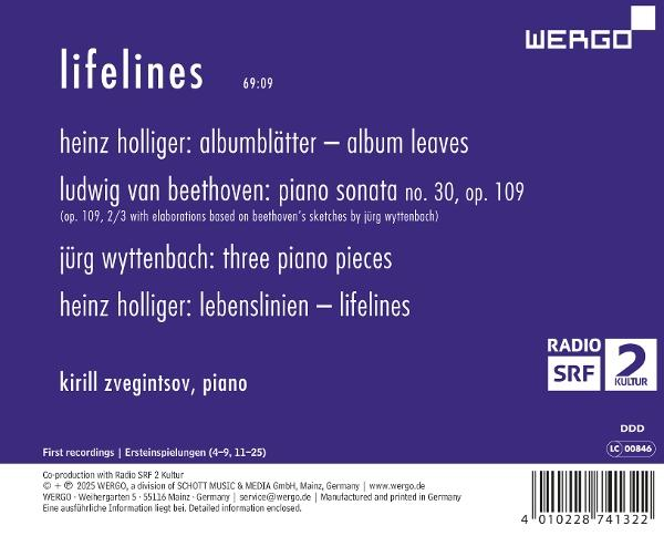 Albumcover: lila Hintergrund, weißer Text. Titel: lifelines. Komponistennamen, Klavier, Radiologo und Barcode.