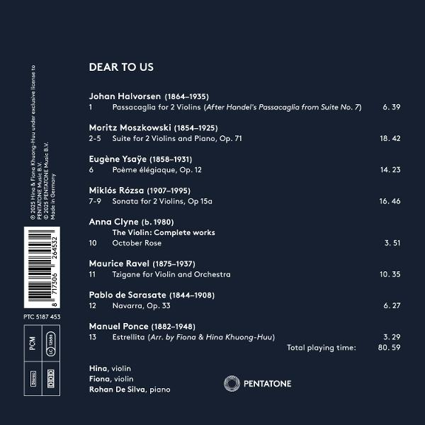 CD-Cover. Titel 'Dear to us', Titelliste mit Komponisten, Spieldauern, Namen der Musiker und dem Pentatone-Logo.