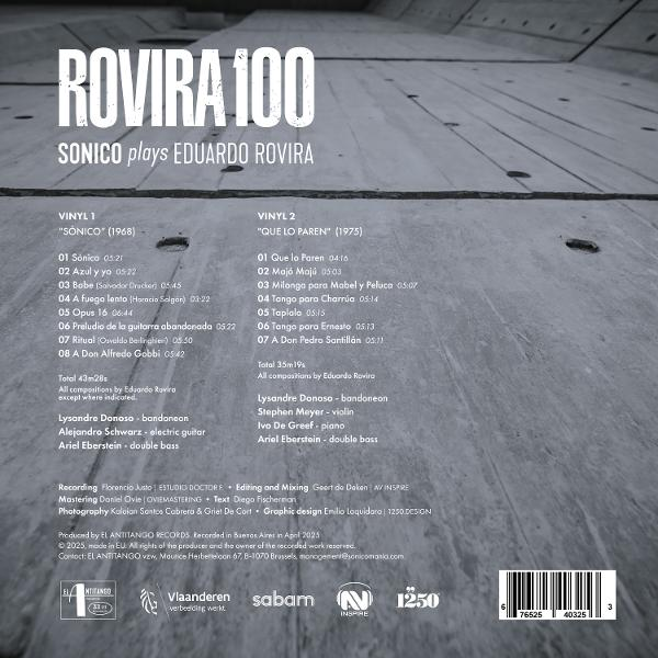 Albumcover: Rovira 100. Listet Tracks, Credits und Produktionsdetails. Mit Barcode und grauem Hintergrund.