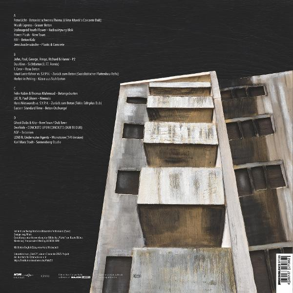 Abstrakte Kunst einer Gebäudefassade mit Beton- und Grautönen. Mehrere rechteckige Fenster sind sichtbar.