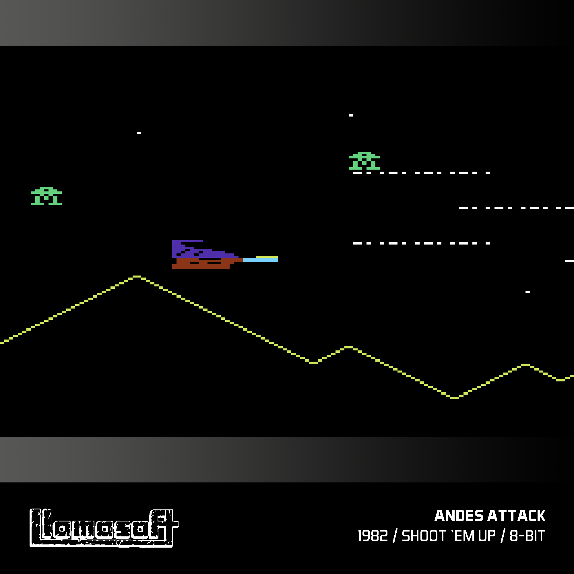 Scena gry Andes Attack w 8 bitach. Statek kosmiczny strzela laserami do wrogów na nocnym niebie. Pikselowane góry na dole.