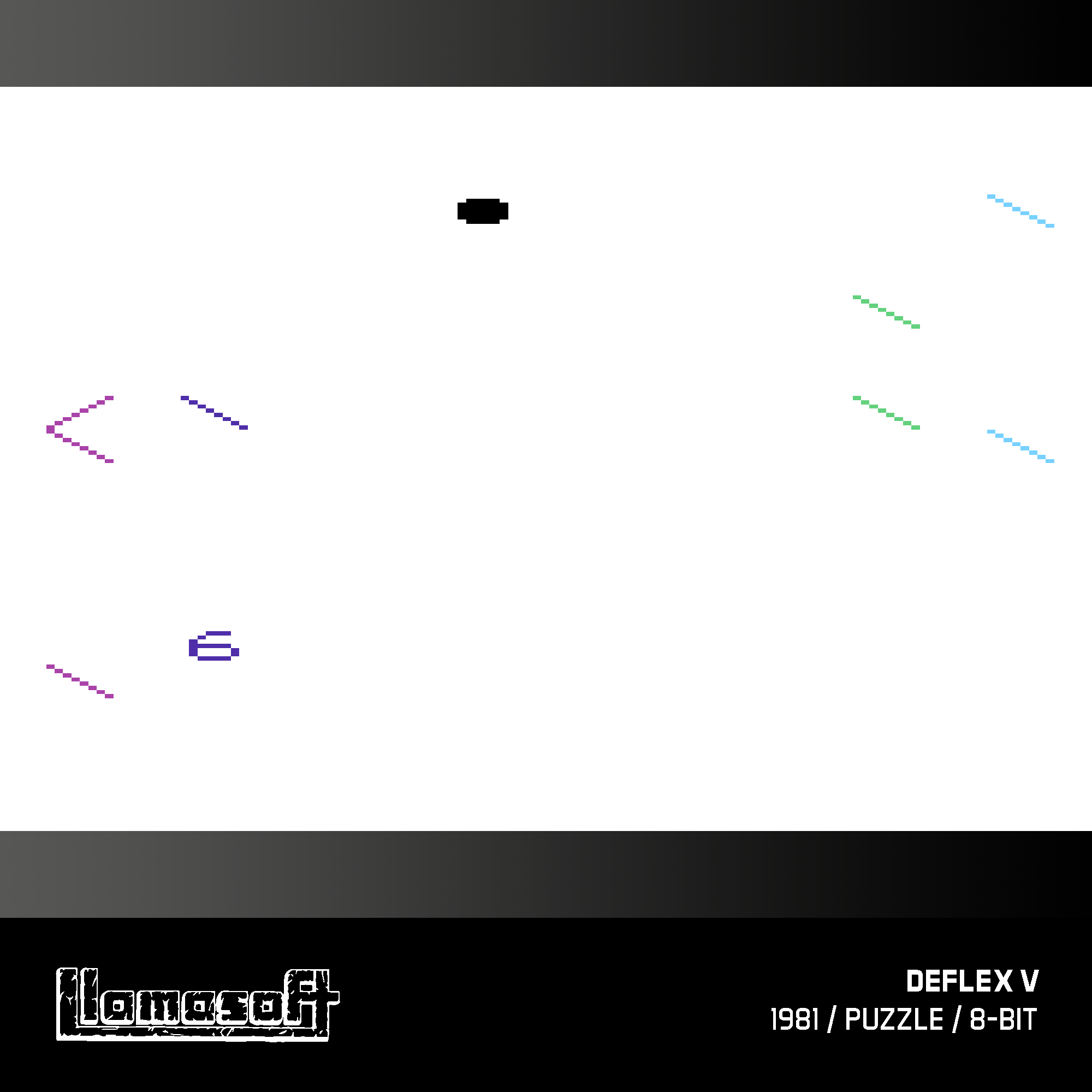 Abstrakcyjny obraz z geometrycznymi kształtami w różnych kolorach. Czarny prostokąt i tekst na górze i na dole. Tytuł: Deflex V, 1981.