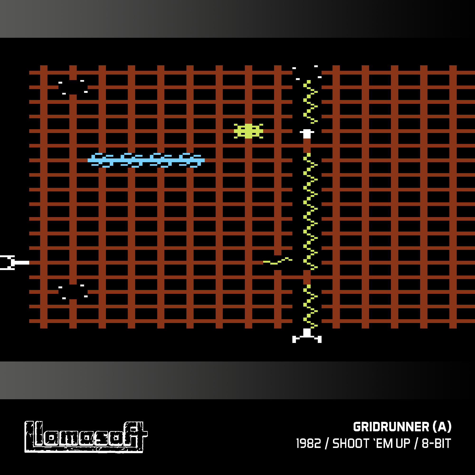 Ekran gry wideo retro. Brązowa siatka z niebieskimi i żółtymi elementami. Biała postać po lewej, zygzaki po prawej.