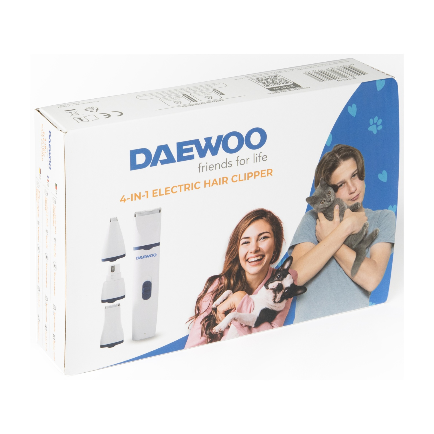 Scatola di tagliacapelli elettrico Daewoo, con immagini di persone con animali domestici. Scatola bianca con dettagli blu e immagine del prodotto.