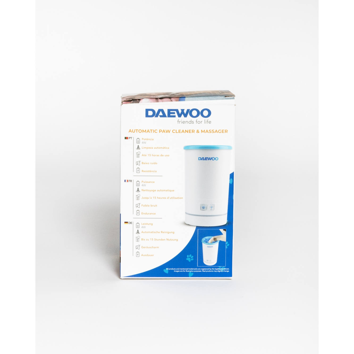 Viene mostrata una scatola Daewoo Automatic Paw Cleaner. Il prodotto è bianco e blu. Il testo in inglese, portoghese, francese e tedesco è visibile.