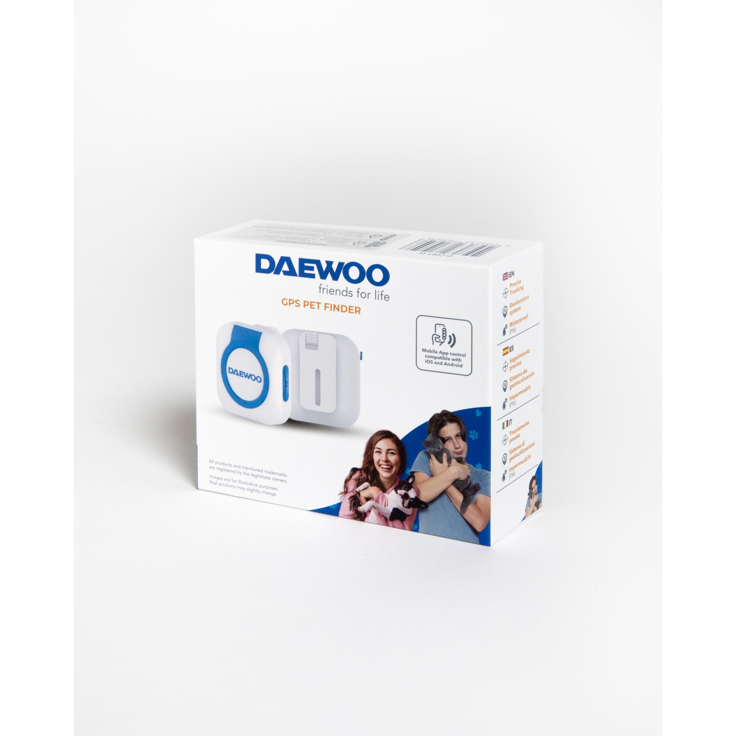 Una scatola Daewoo GPS Pet Finder. Mostra un dispositivo, due persone con animali domestici e funzioni chiave come il tracciamento preciso.
