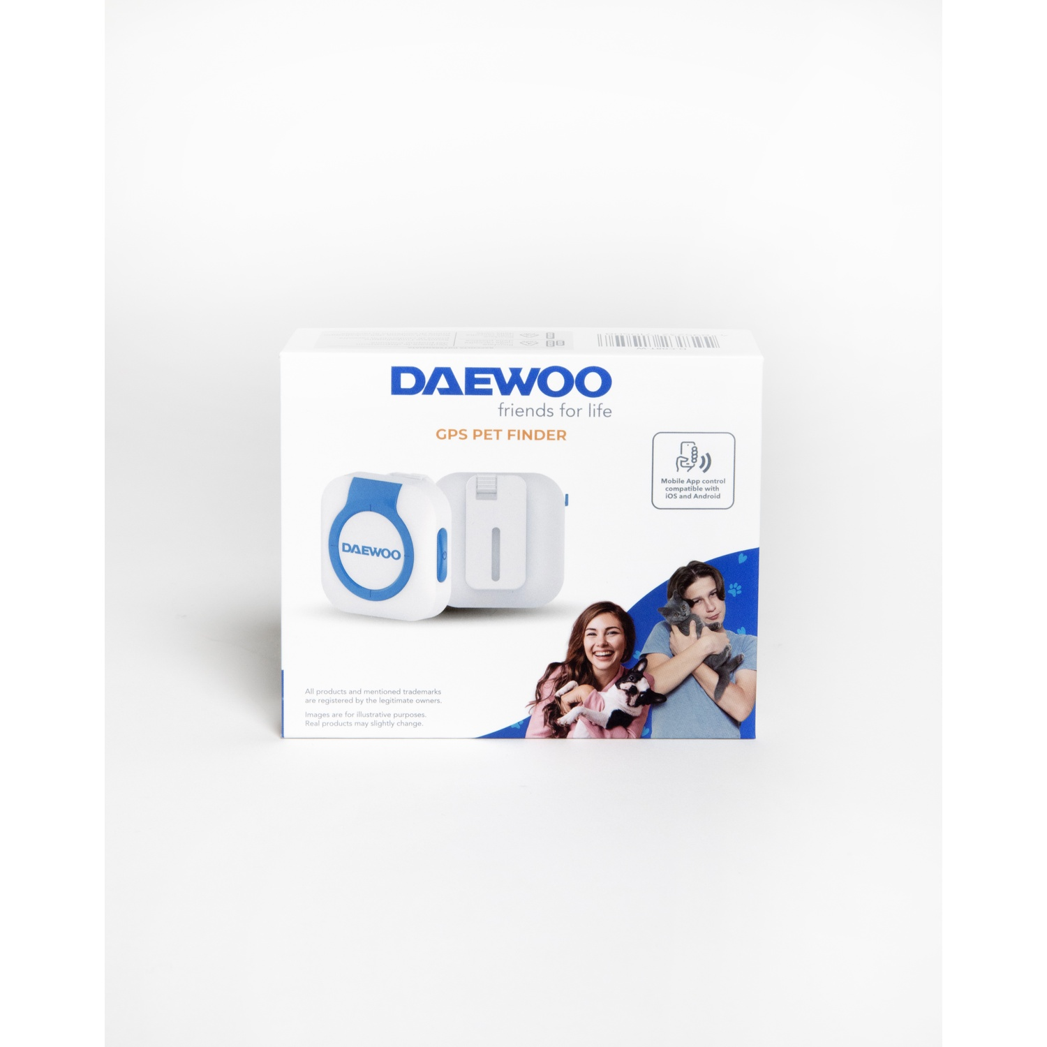Una scatola del localizzatore GPS per animali domestici Daewoo. Mostra il dispositivo, due persone che tengono animali domestici e testo sul controllo dell'app mobile.