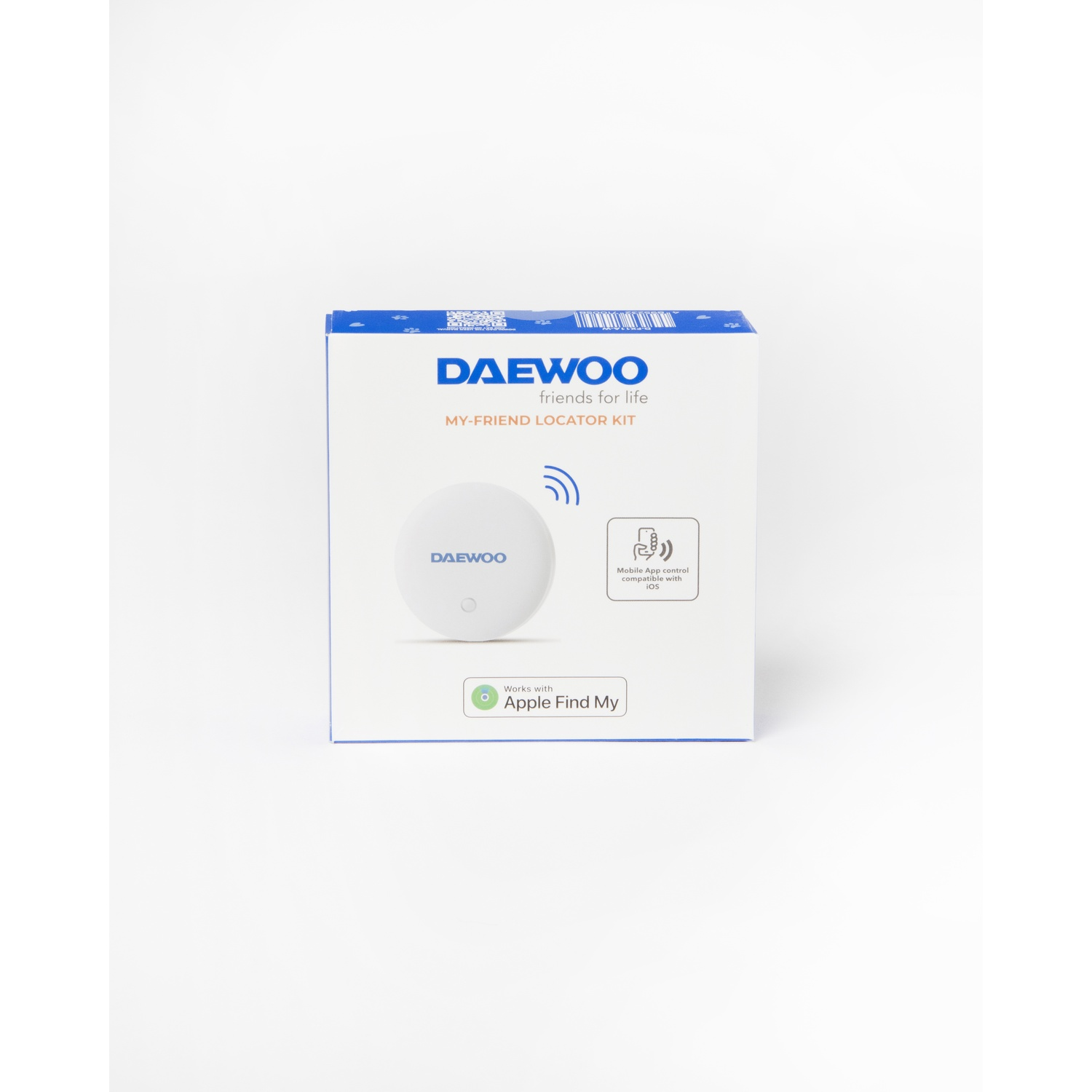 Una scatola bianca con scritto 'DAEWOO' e 'MY-FRIEND LOCATOR KIT'. Mostra anche un dispositivo rotondo e il logo 'Apple Find My'.