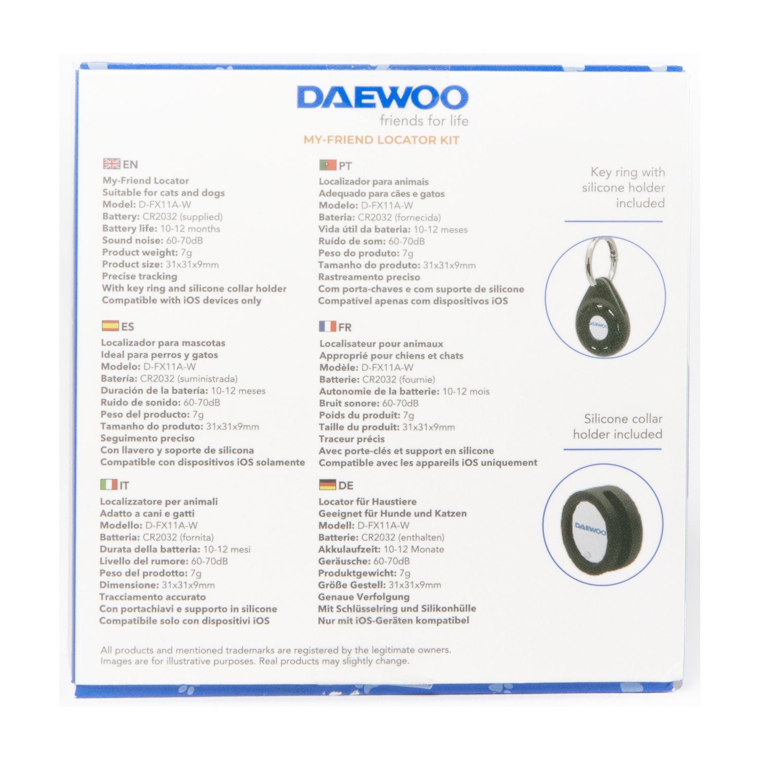 Scatola prodotto per un kit localizzatore per animali domestici. Con testo multilingue, portachiavi e supporto per collare in silicone.