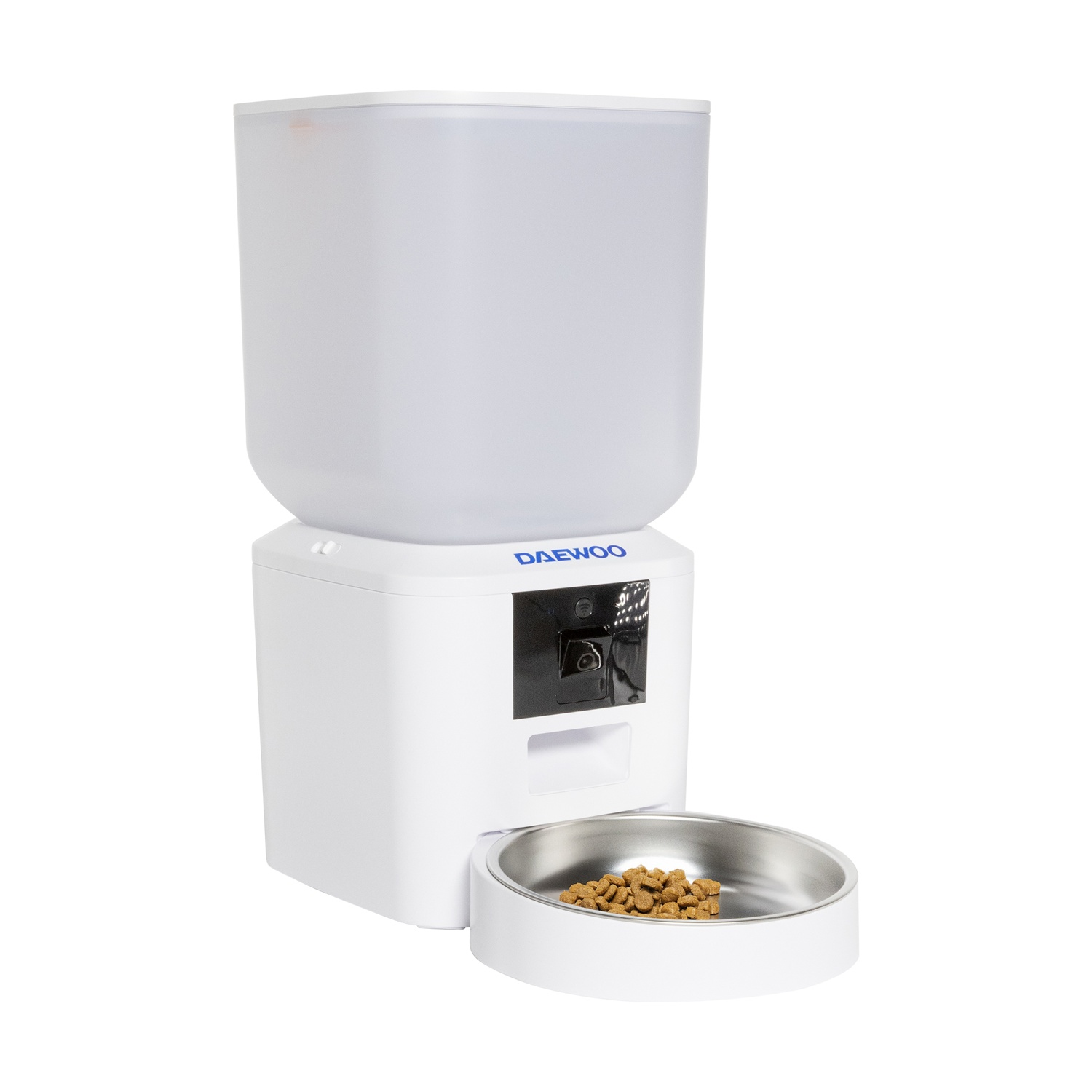 Un distributore automatico per animali domestici Daewoo bianco. Ha un contenitore per il cibo, un dispenser e una ciotola in acciaio inox piena di cibo.