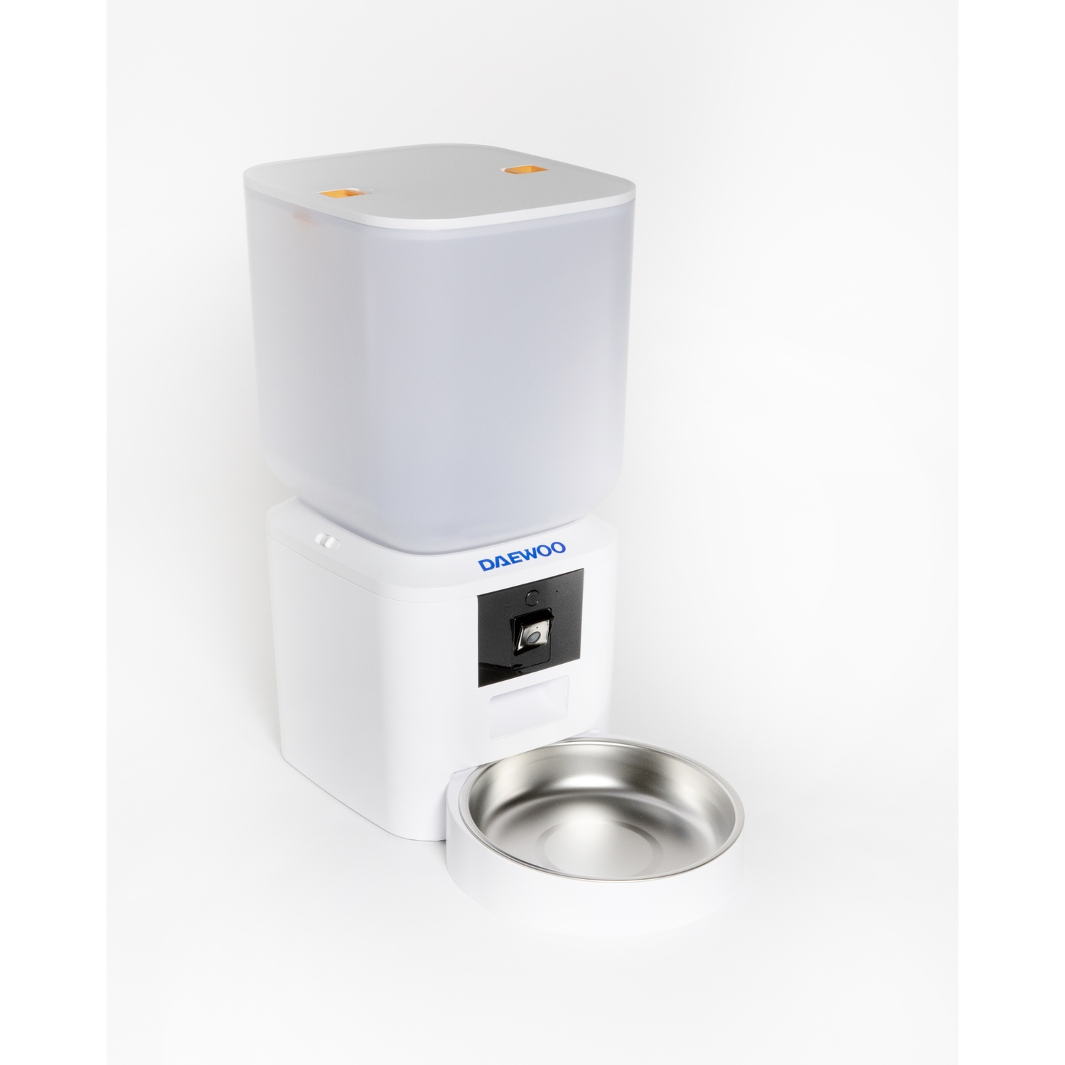 Un distributore automatico di cibo per animali Daewoo bianco con un contenitore per alimenti traslucido, una ciotola e un pannello di controllo.