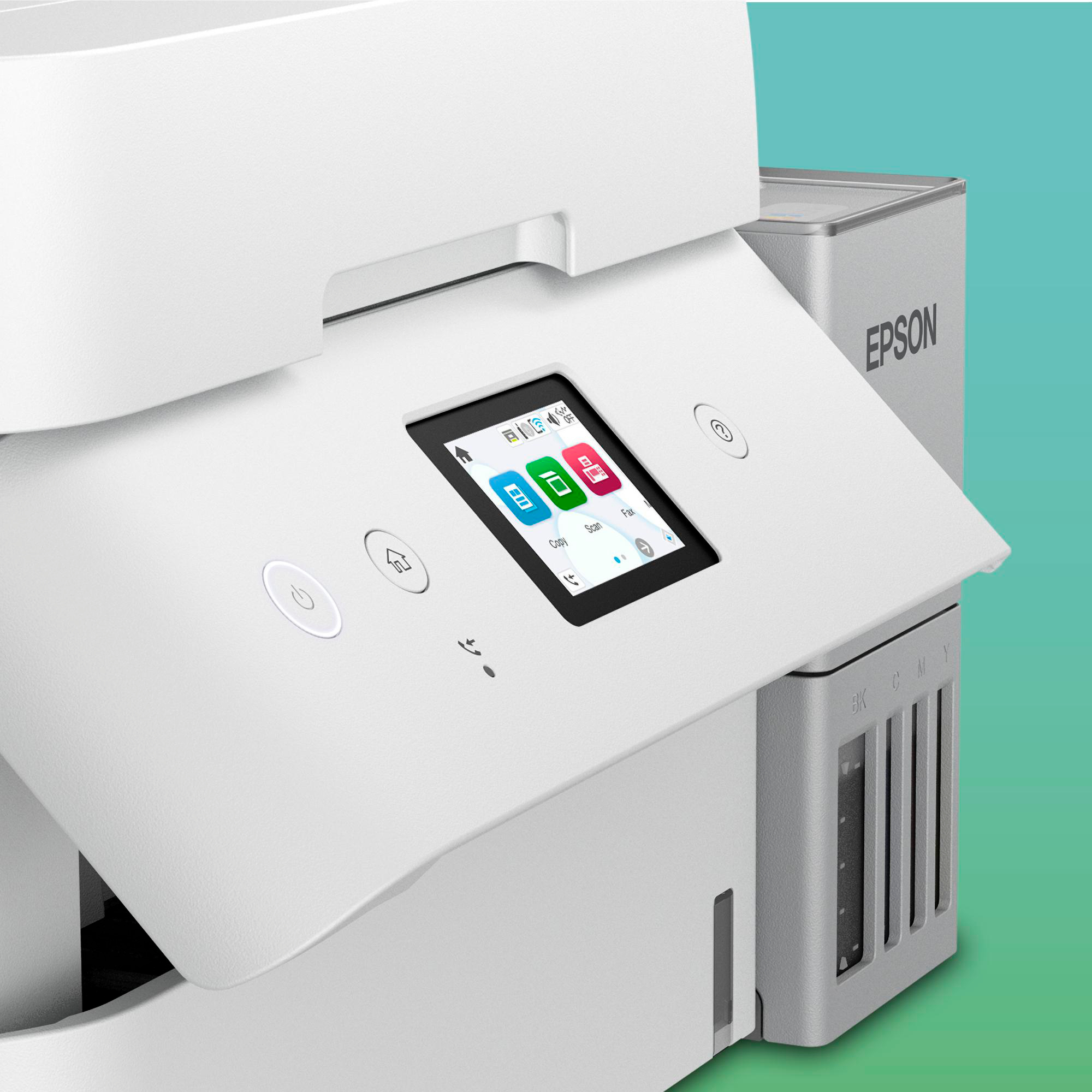 Ein weißer Epson-Drucker mit Touchscreen, Tasten und einem grauen Tintenbehälter. Der Hintergrund ist ein Grün-Blau-Verlauf.