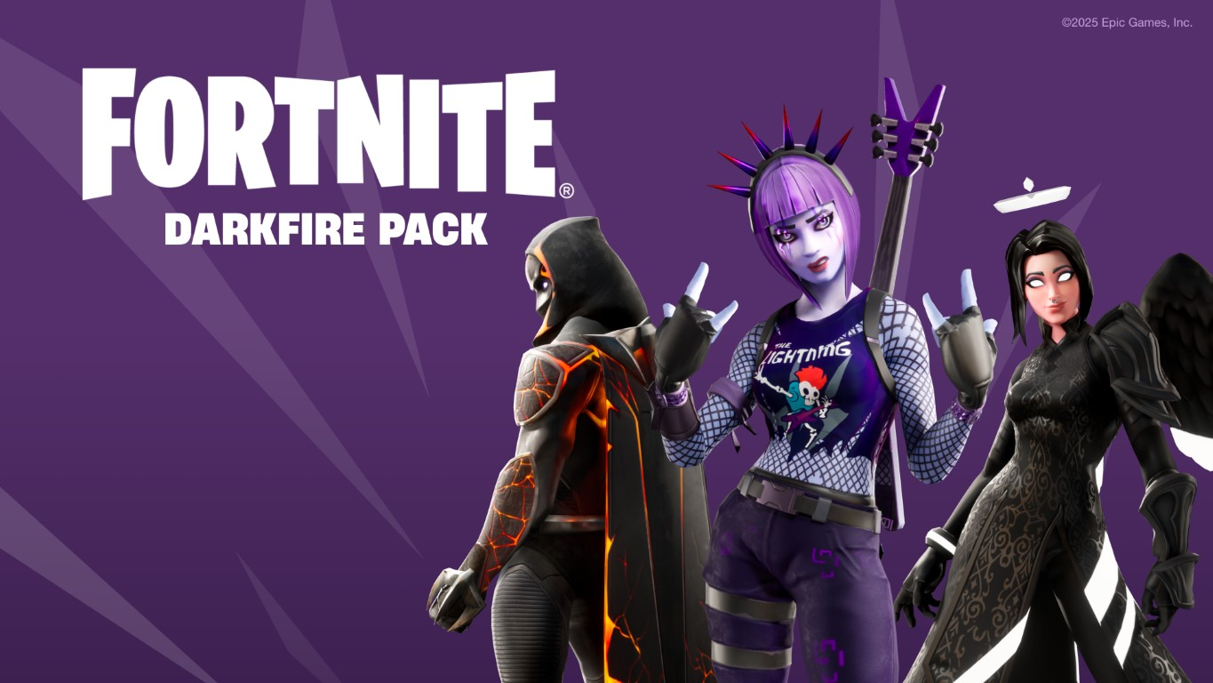 Reklama Fortnite Darkfire Pack z trzema postaciami z unikalnymi skórkami na fioletowym tle.