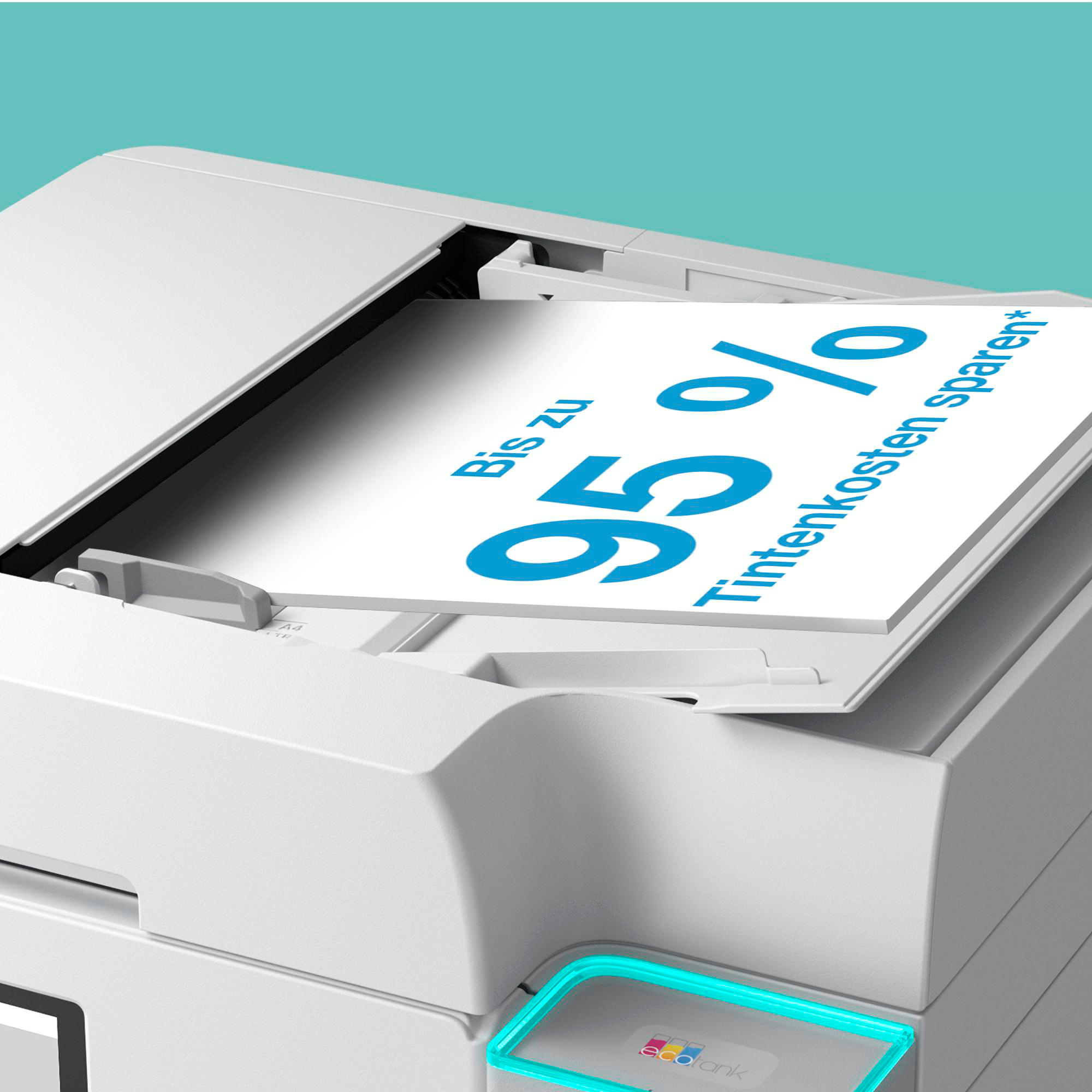 Ein weißer Drucker zeigt ein Papier mit '95%' und 'Tintentkosten sparen' in Blau. Grüner Hintergrund.
