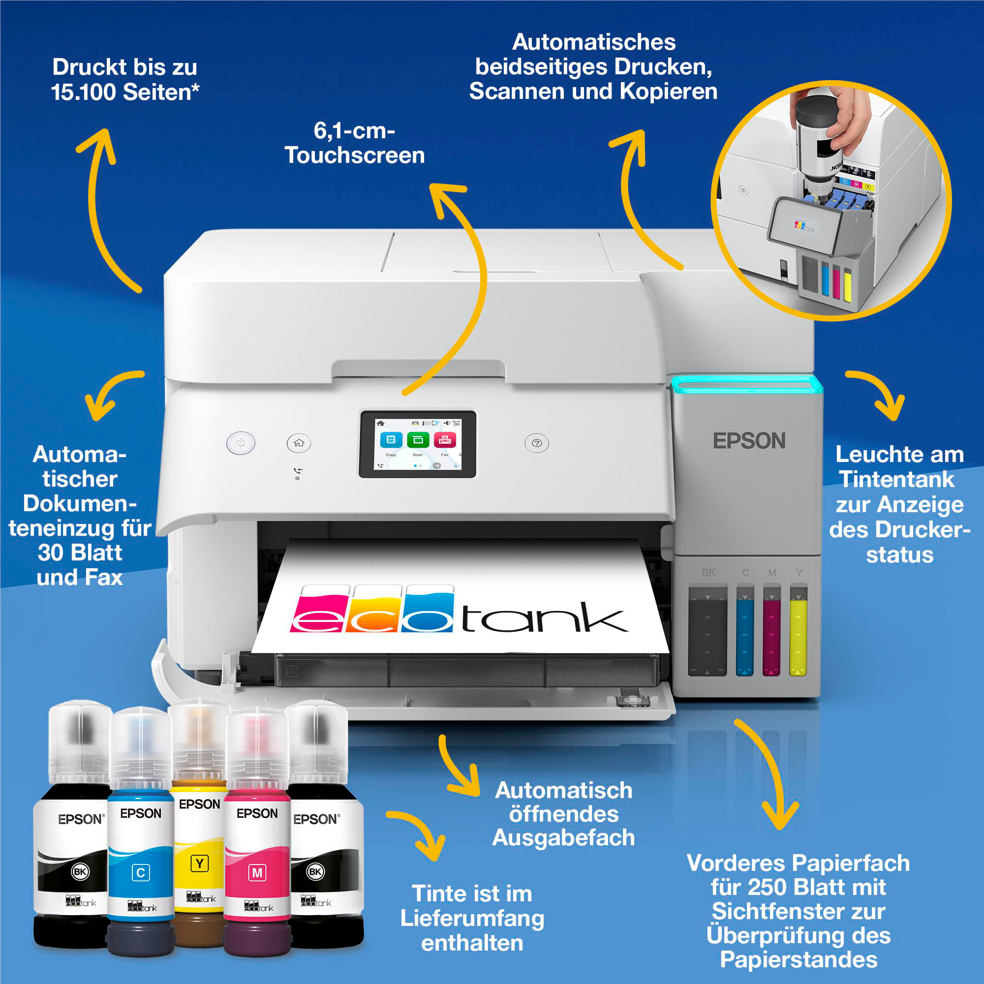 Ein Epson-Drucker mit Tintenflaschen, Touchscreen und Papierfach. Er verfügt über einen automatischen Dokumenteneinzug und einen Tintenbehälter.